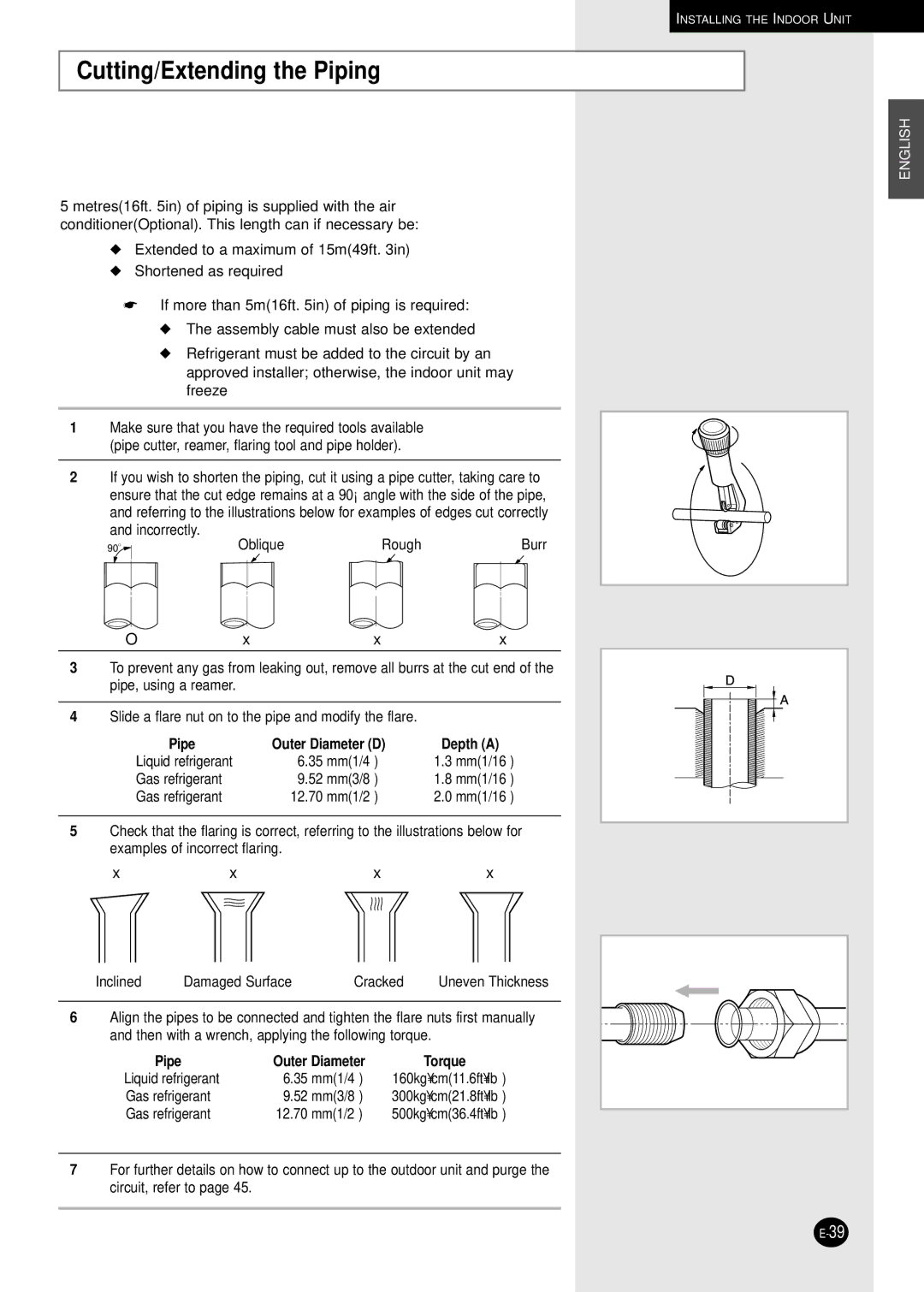 Samsung AM27B1C13, UM18B1C2, UM26B1C2, UM27B1C3, AM27B1C07, AM26B1C13 installation manual Cutting/Extending the Piping, Depth a 