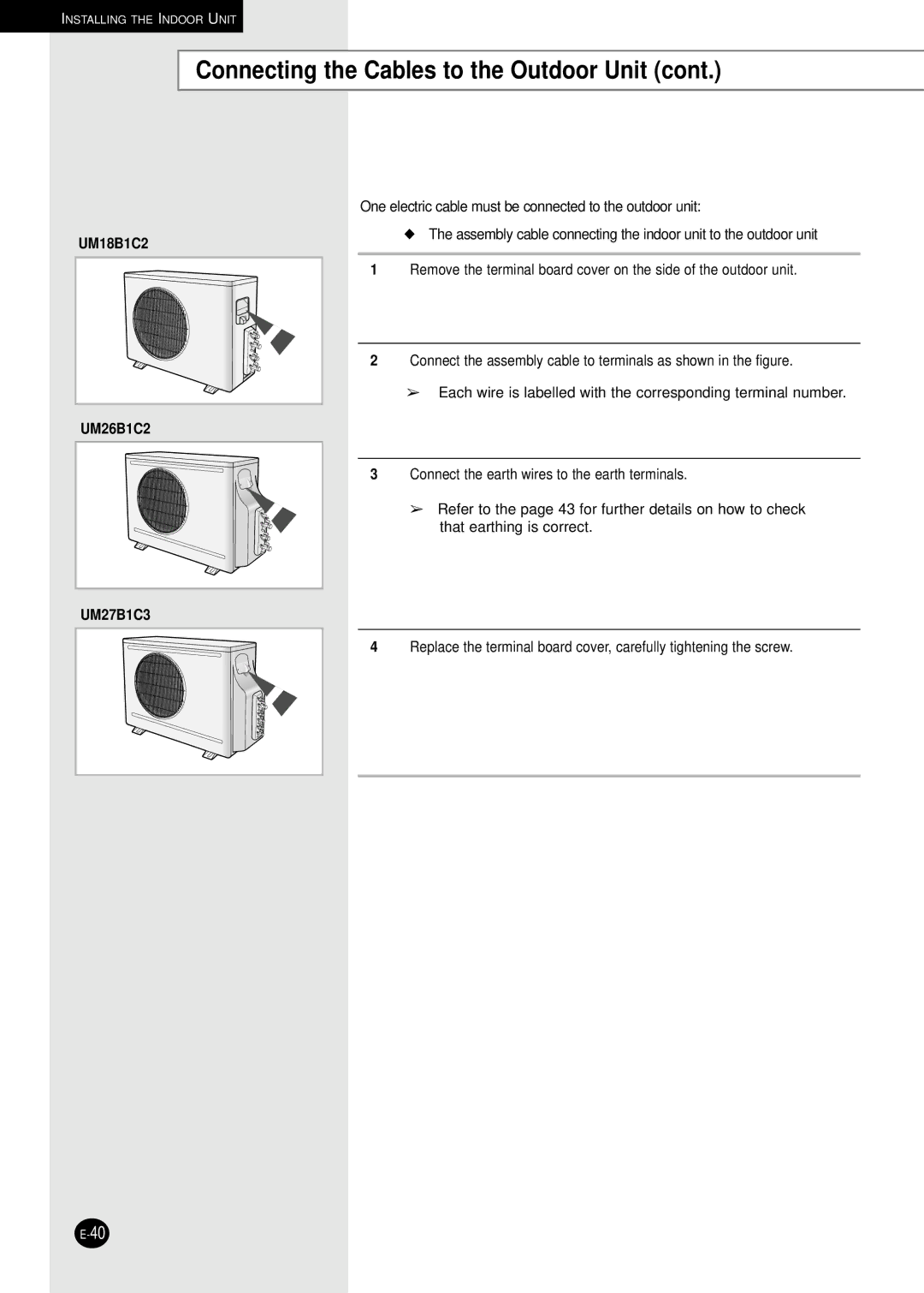 Samsung AM27B1C07, AM27B1C13, AM26B1C13 Connecting the Cables to the Outdoor Unit, UM18B1C2, UM26B1C2, UM27B1C3 