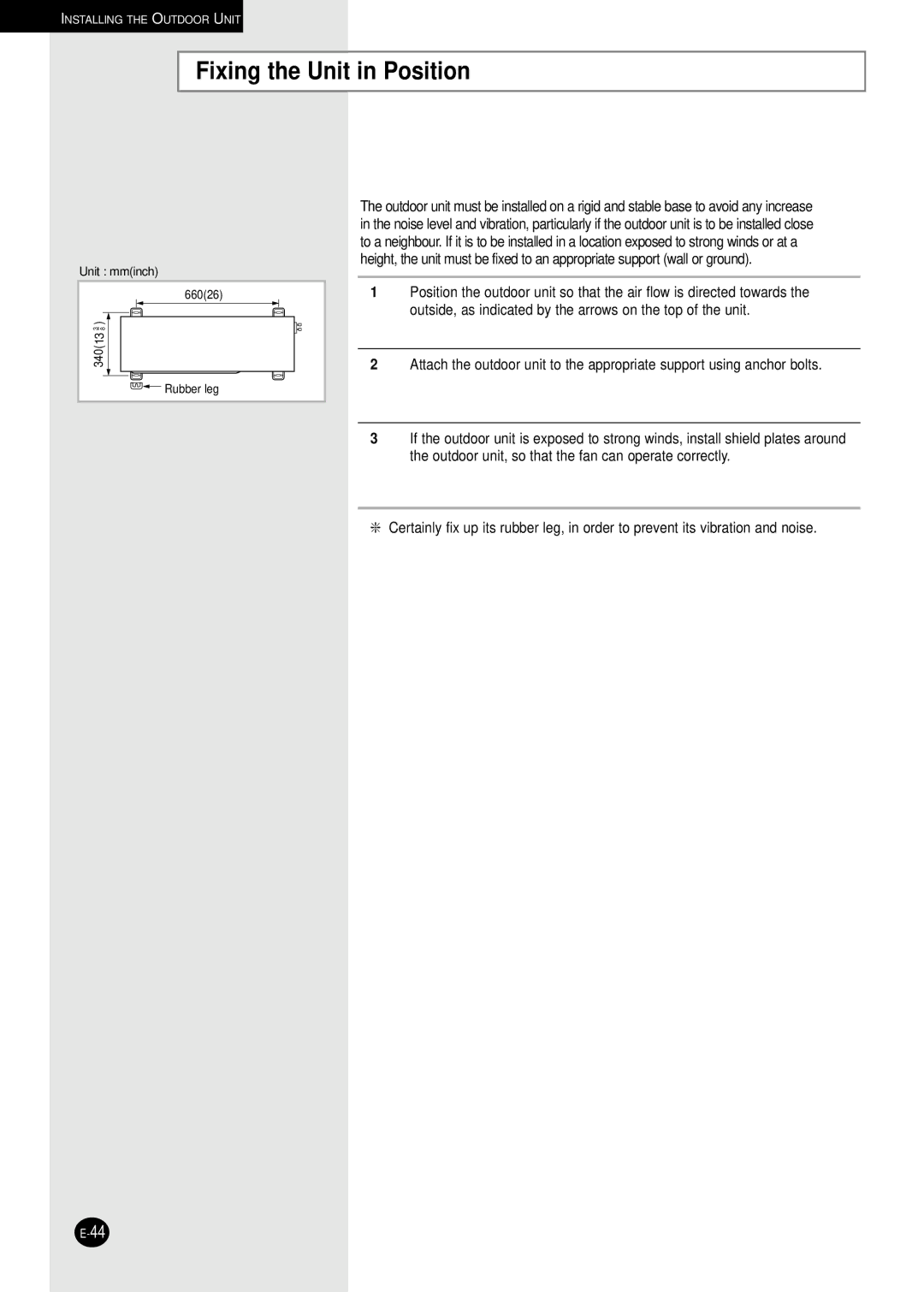 Samsung UM27B1C3, UM18B1C2, UM26B1C2, AM27B1C13, AM27B1C07, AM26B1C13 installation manual Fixing the Unit in Position 