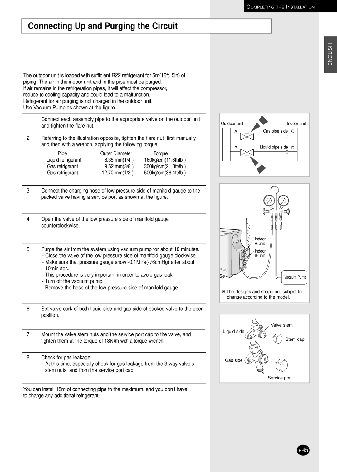 Samsung AM27B1C13, UM18B1C2, UM26B1C2 Connecting Up and Purging the Circuit, Use Vacuum Pump as shown at the figure 