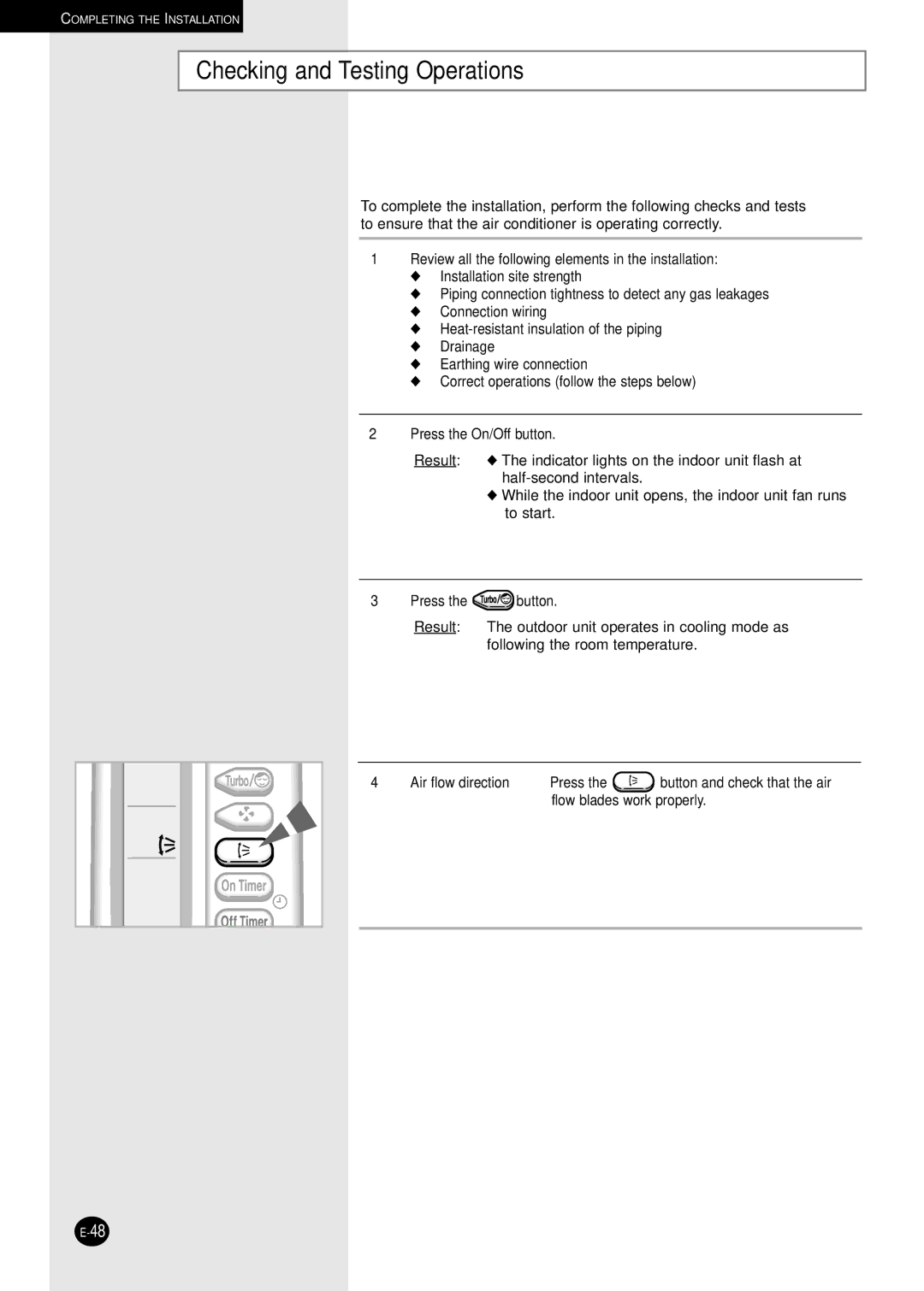 Samsung UM18B1C2, UM26B1C2, UM27B1C3, AM27B1C13, AM27B1C07, AM26B1C13 installation manual Checking and Testing Operations 