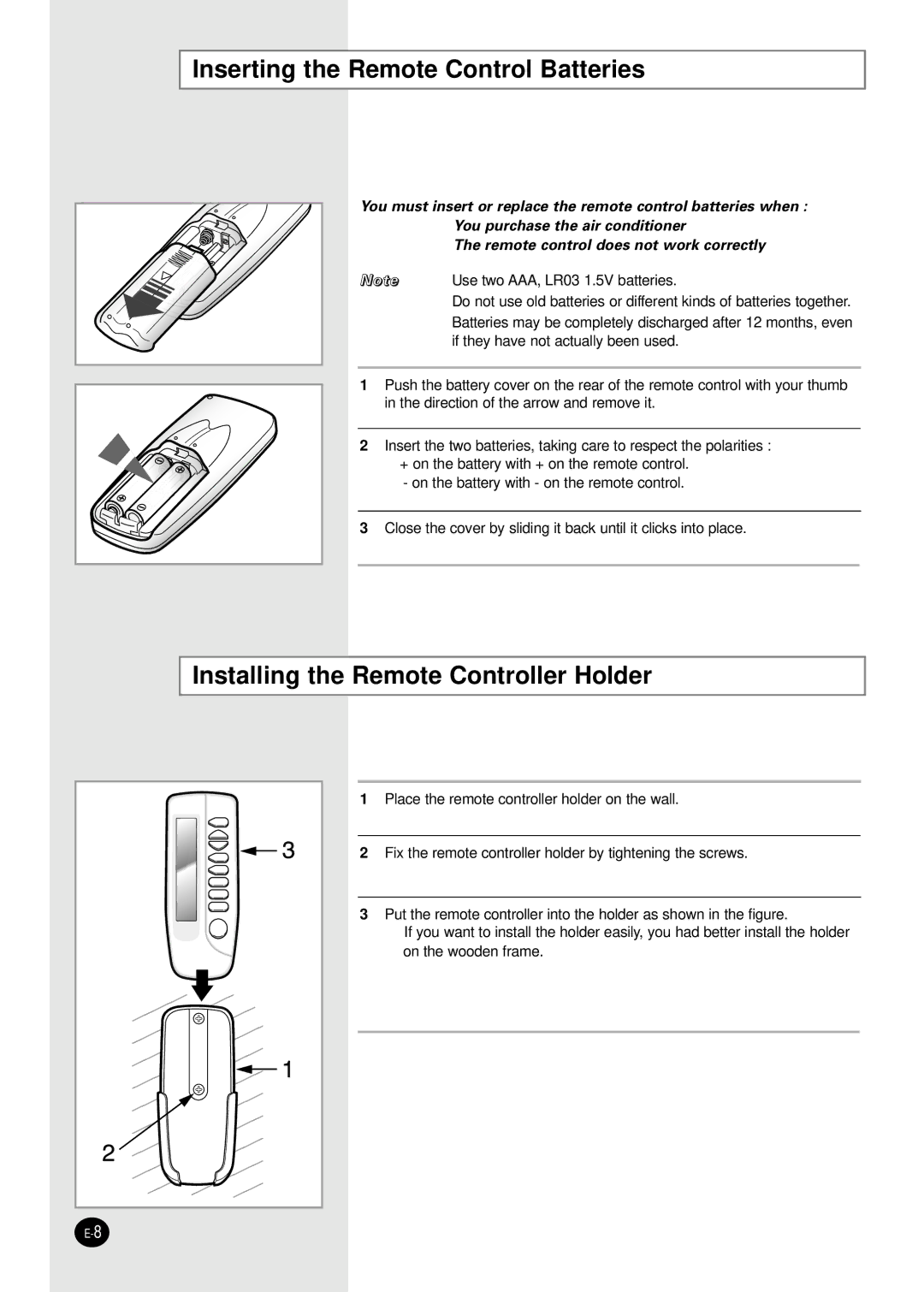 Samsung UM27B1C3, UM18B1C2, UM26B1C2 Inserting the Remote Control Batteries, Installing the Remote Controller Holder 