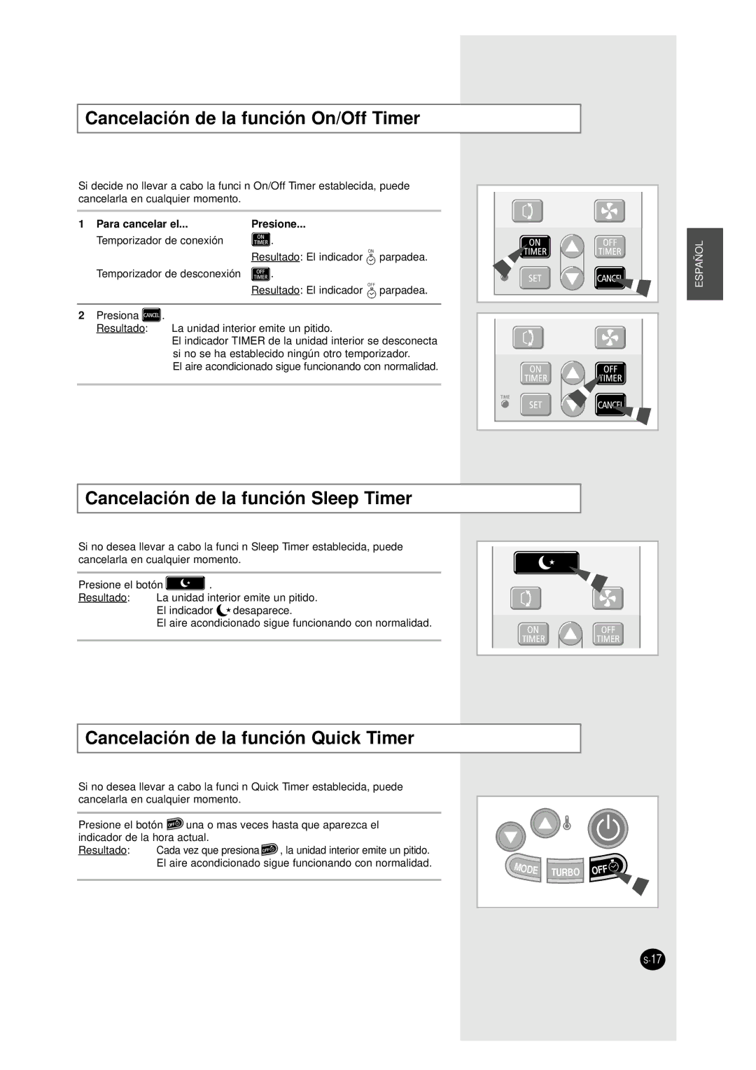 Samsung AM27A1C13 Cancelación de la función On/Off Timer, Cancelación de la función Sleep Timer, Para cancelar el Presione 