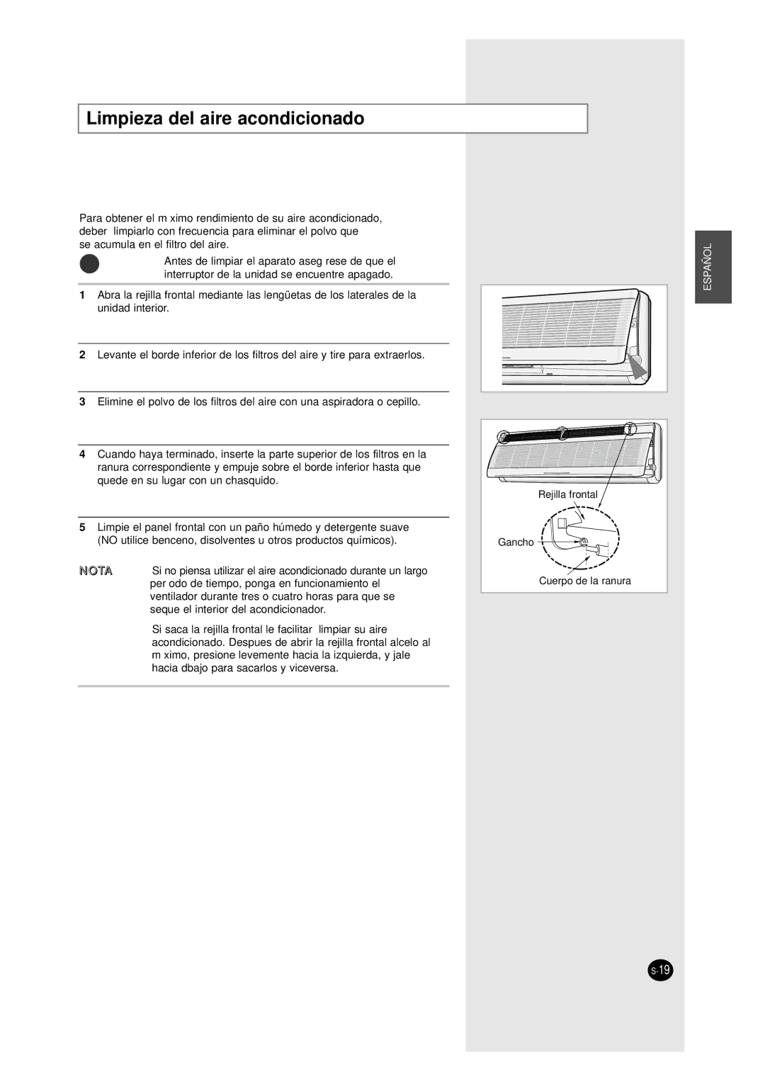 Samsung AM26A1C13, UM27A1C3 Limpieza del aire acondicionado, Antes de limpiar el aparato asegúrese de que el, Gancho 