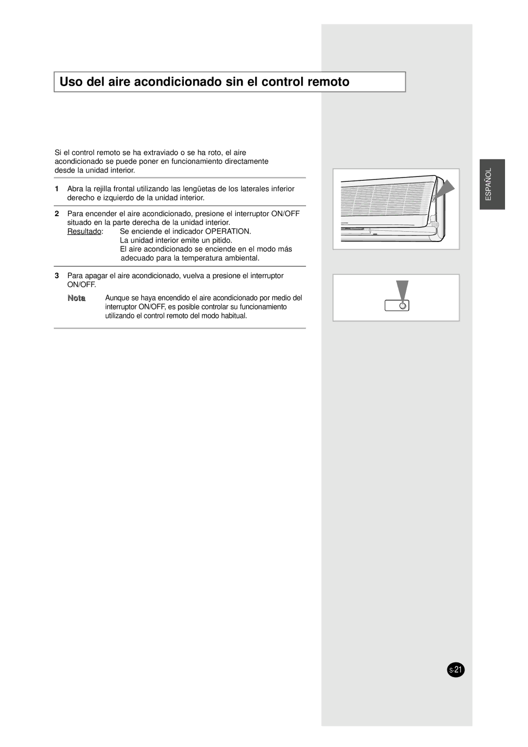 Samsung UM27A1C3, UM26A1C2, UM18A1C2, AM27A1C13 Uso del aire acondicionado sin el control remoto, Enciende en el modo más 