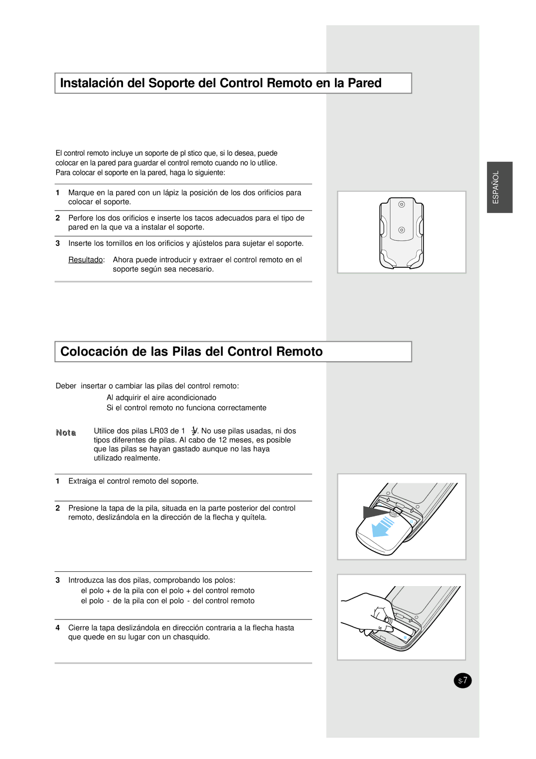 Samsung UM27A1C3 Instalación del Soporte del Control Remoto en la Pared, Colocación de las Pilas del Control Remoto 