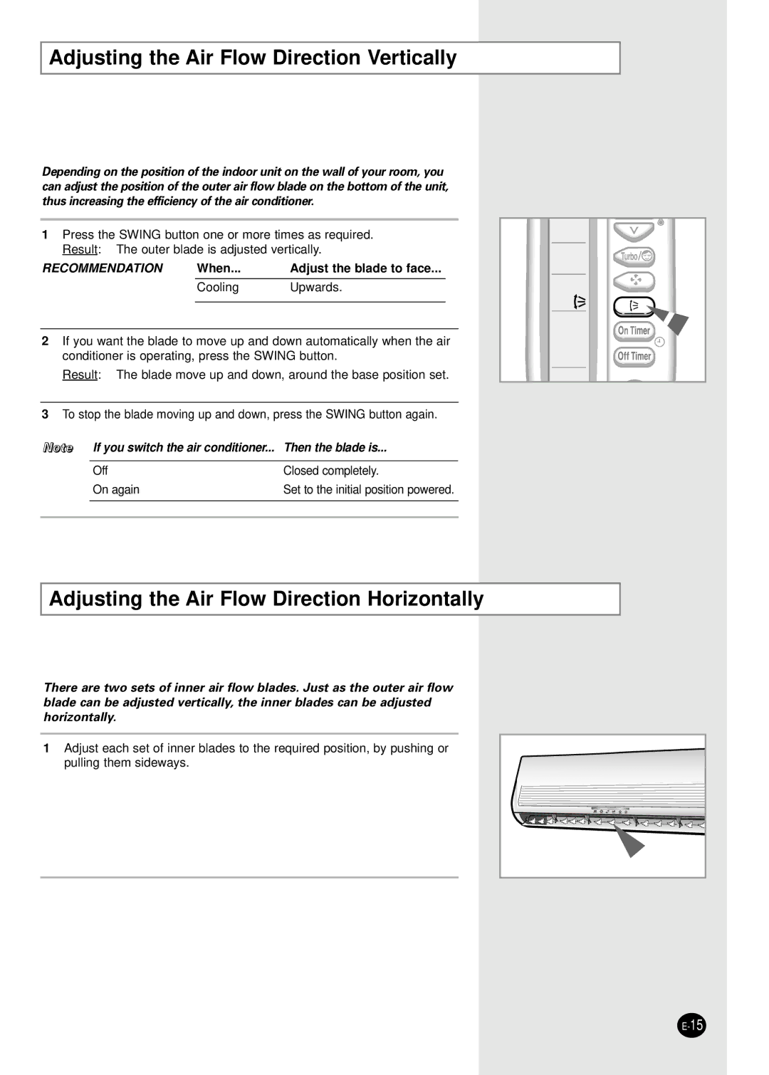 Samsung UMF26C2E3, UMF30C2E4 Adjusting the Air Flow Direction Vertically, Adjusting the Air Flow Direction Horizontally 