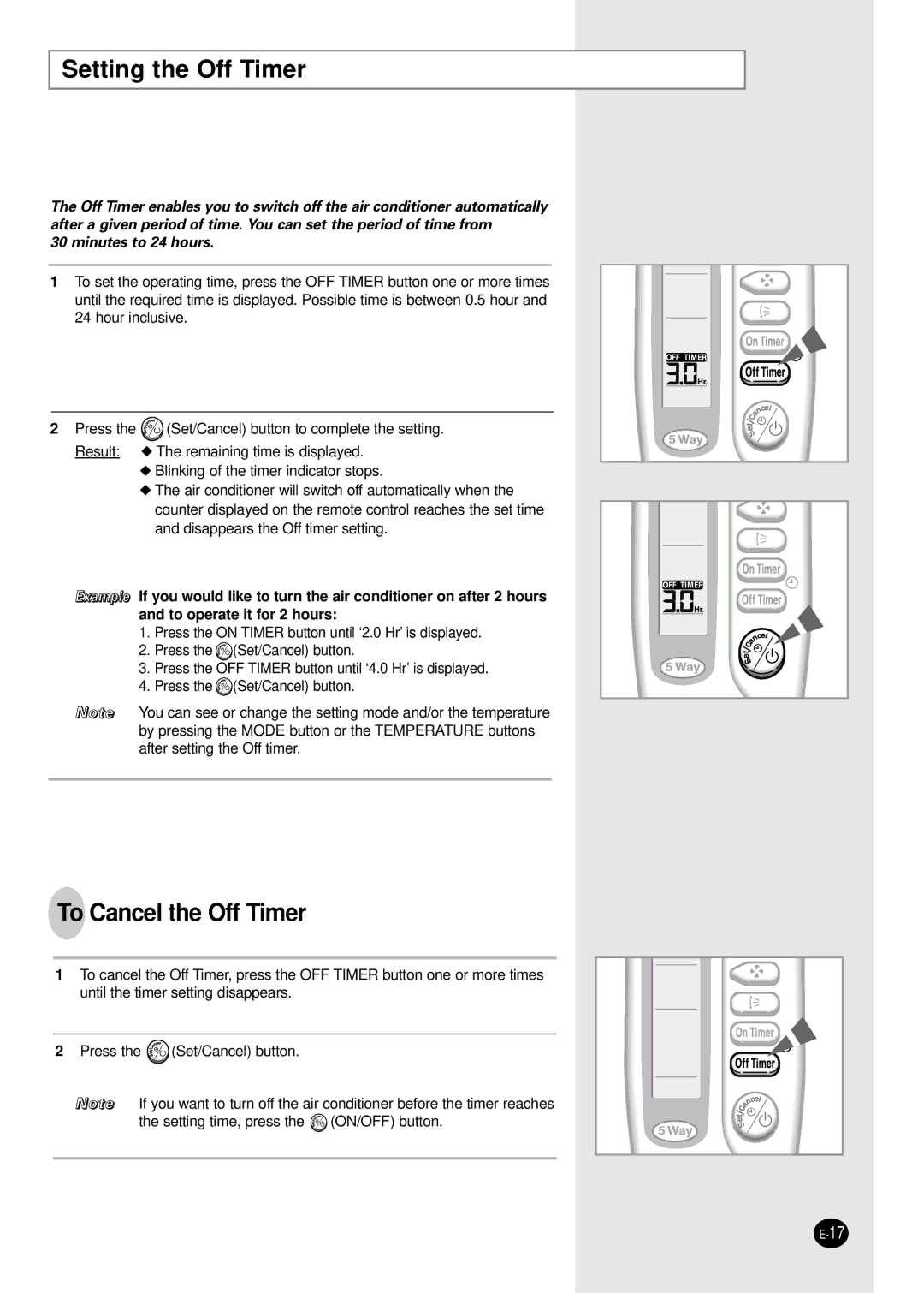 Samsung AMF18C2E, UMF26C2E3, UMF30C2E4, AMF09C2E, AMF12C2E manual Setting the Off Timer, To Cancel the Off Timer 