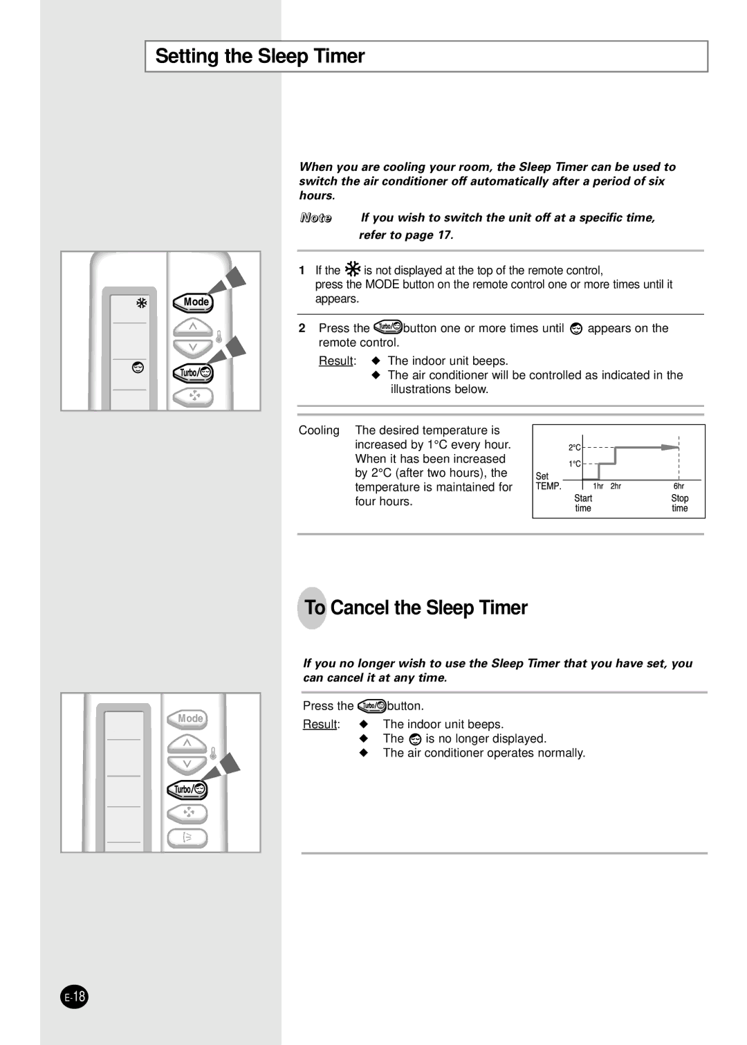 Samsung AMF09C2E, UMF26C2E3, UMF30C2E4, AMF18C2E, AMF12C2E manual Setting the Sleep Timer, To Cancel the Sleep Timer 