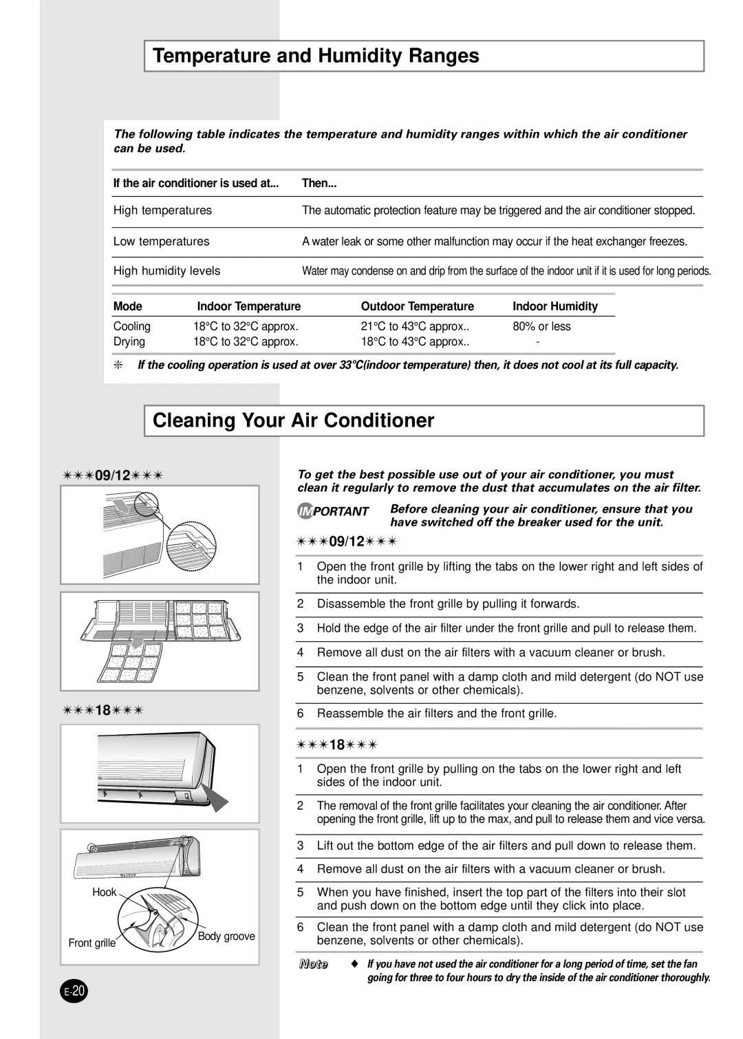 Samsung UMF26C2E3 Temperature and Humidity Ranges, Cleaning Your Air Conditioner, If the air conditioner is used at Then 