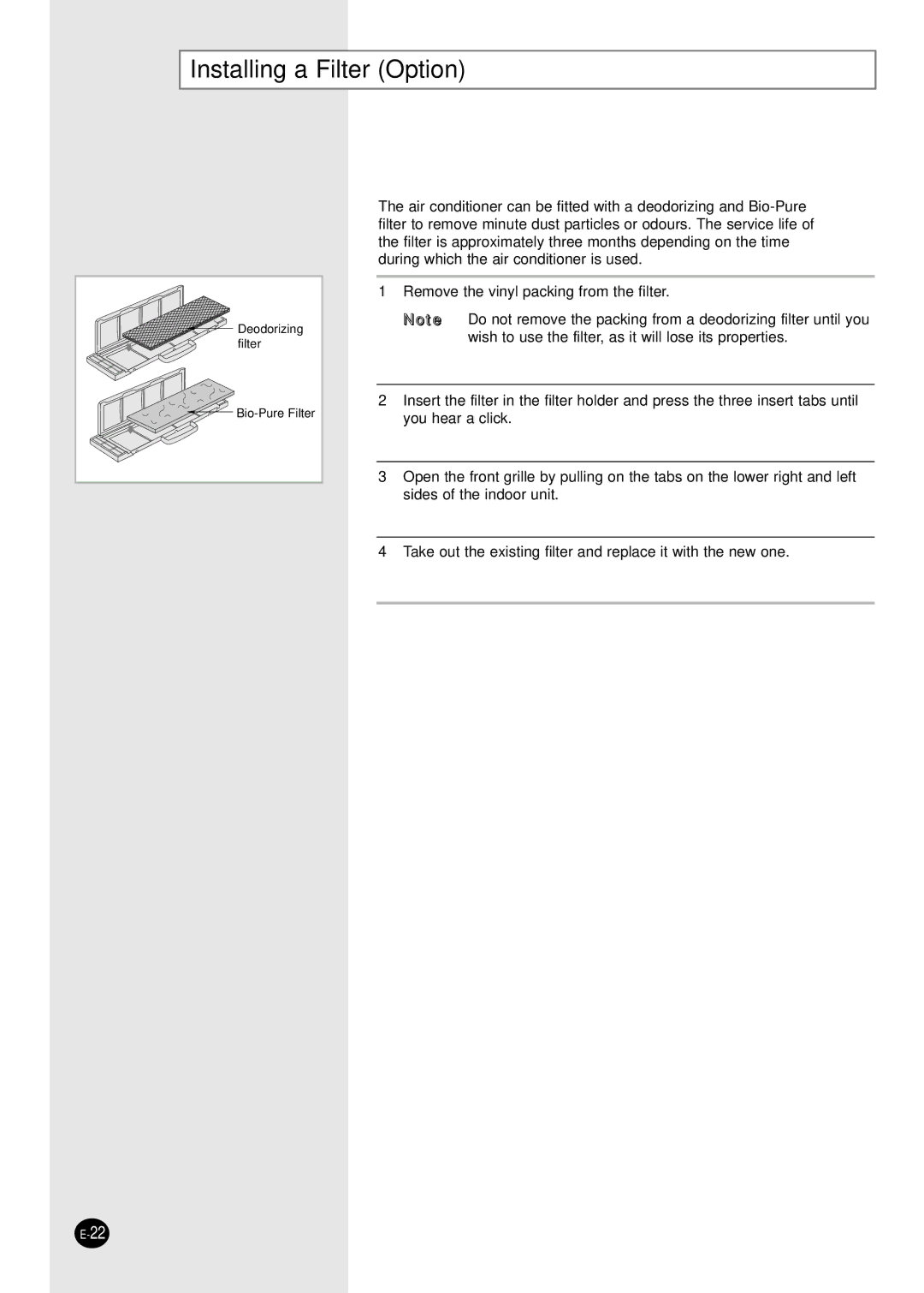 Samsung AMF18C2E, UMF26C2E3, UMF30C2E4, AMF09C2E, AMF12C2E manual Installing a Filter Option 