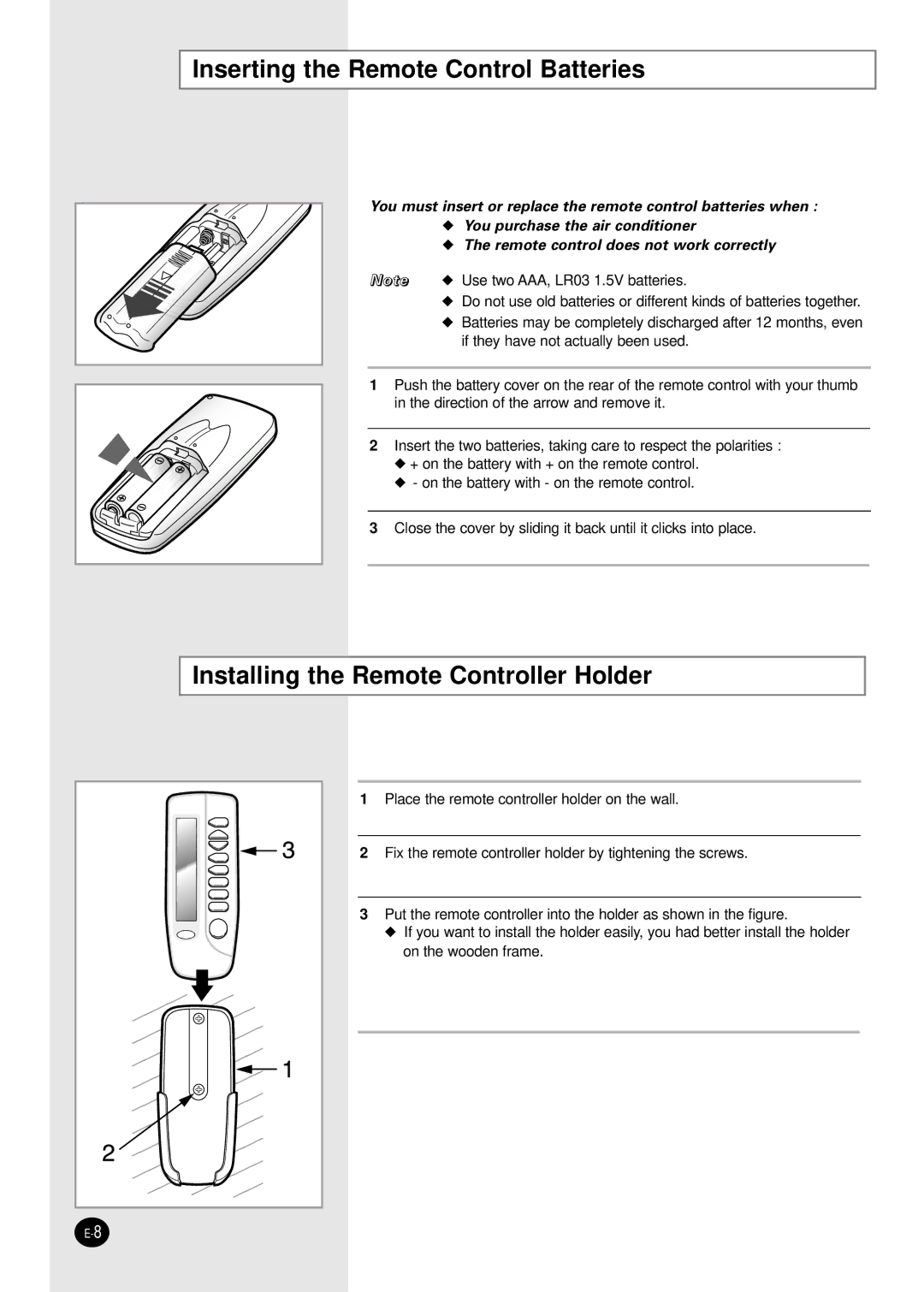 Samsung AMF09C2E, UMF26C2E3, UMF30C2E4 manual Inserting the Remote Control Batteries, Installing the Remote Controller Holder 