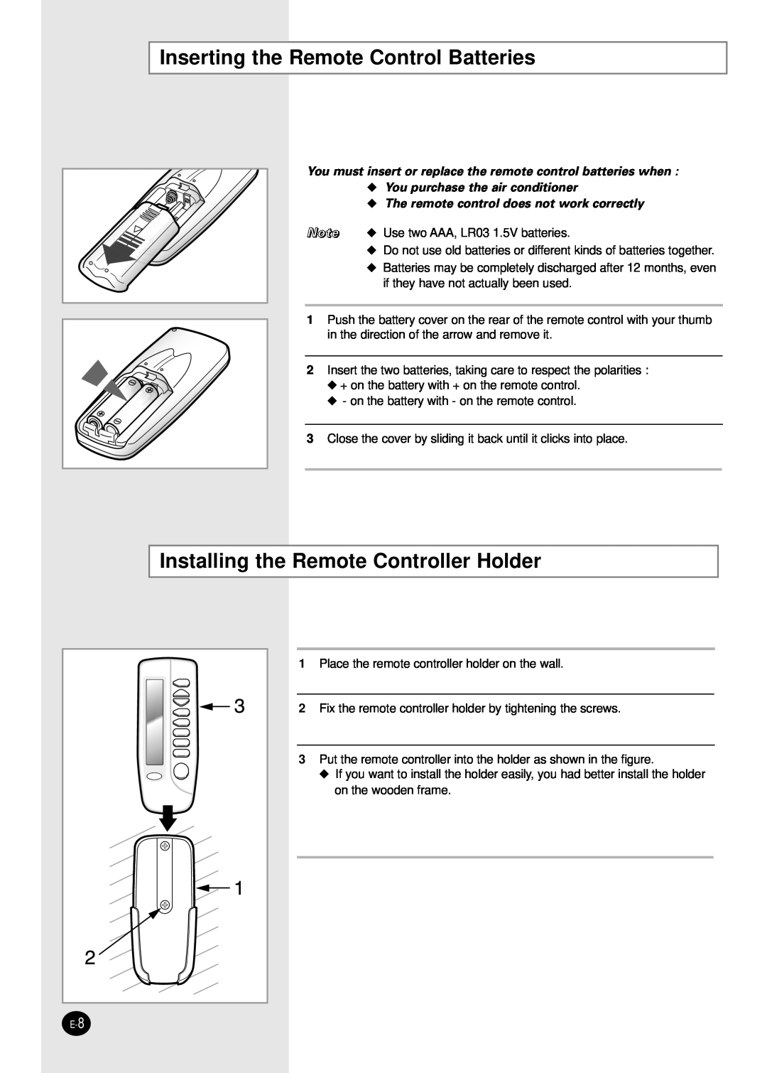 Samsung AMF09C2E, UMF26C2E3, UMF30C2E4 manual Inserting the Remote Control Batteries, Installing the Remote Controller Holder 