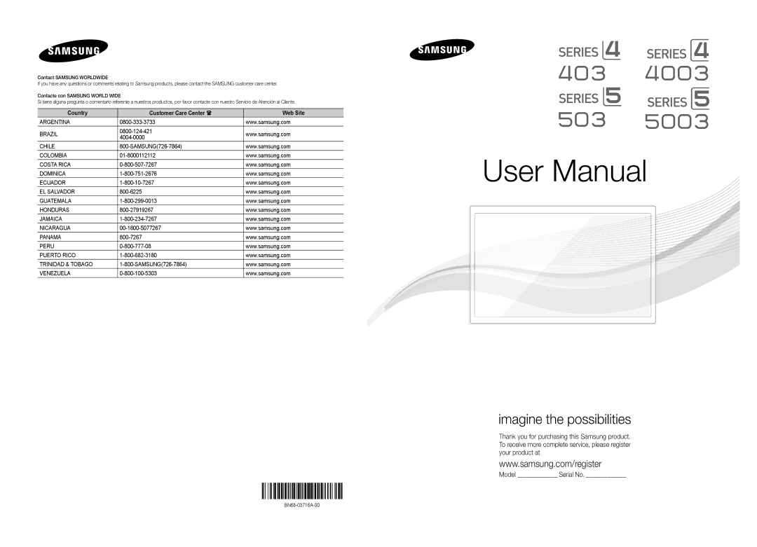 Samsung UN22D5003 user manual 0800-124-421 4004-0000, SAMSUNG726-7864, 01-8000112112, 800-10-7267, 800-6225, 800-27919267 