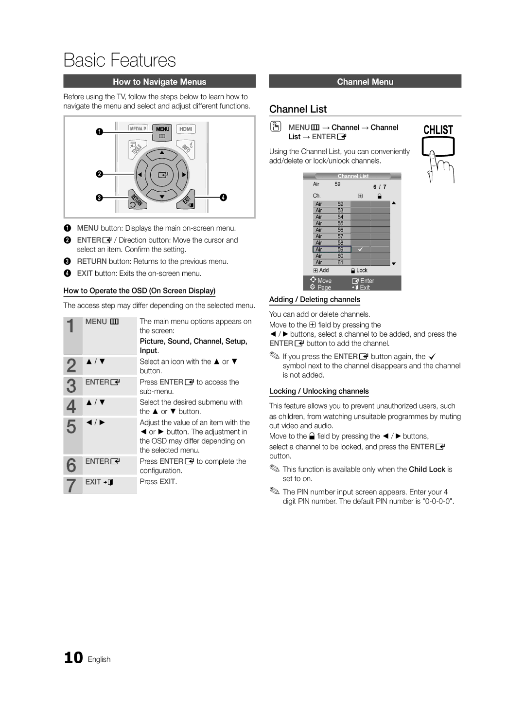 Samsung UN19D4003, UN22D5003 user manual Basic Features, Channel list, How to Navigate Menus, Channel Menu 