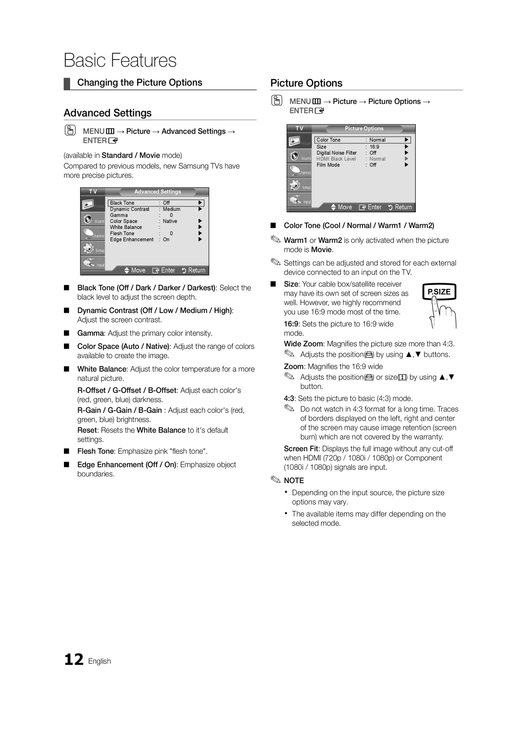 Samsung UN19D4003, UN22D5003 user manual Advanced Settings, Changing the Picture Options 