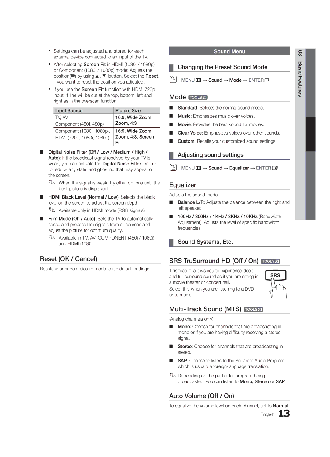 Samsung UN22D5003, UN19D4003 Reset OK / Cancel, Equalizer, SRS TruSurround HD Off / On t, Multi-Track Sound MTS t 