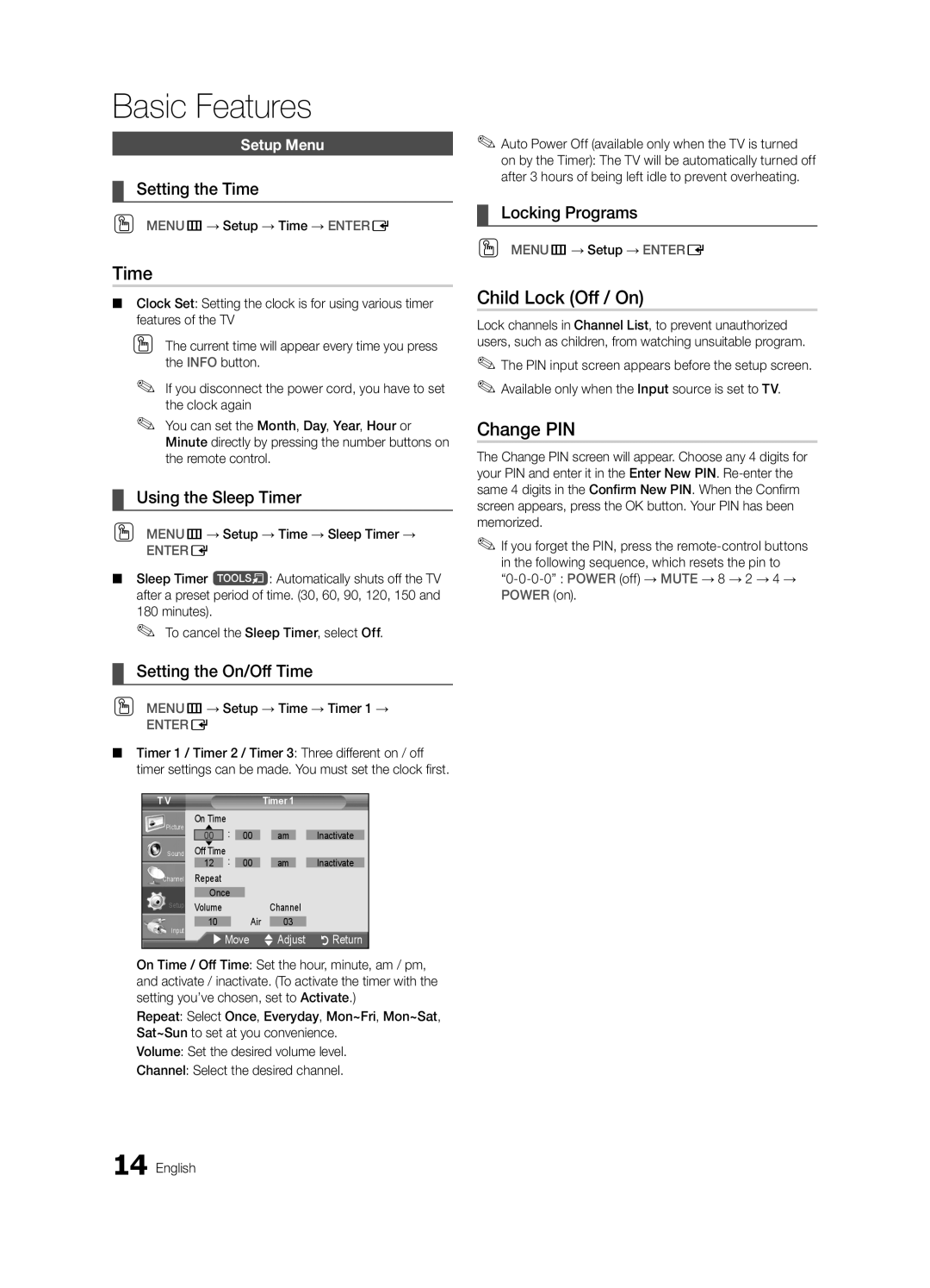 Samsung UN19D4003, UN22D5003 user manual Time, Child Lock Off / On, Change PIN 