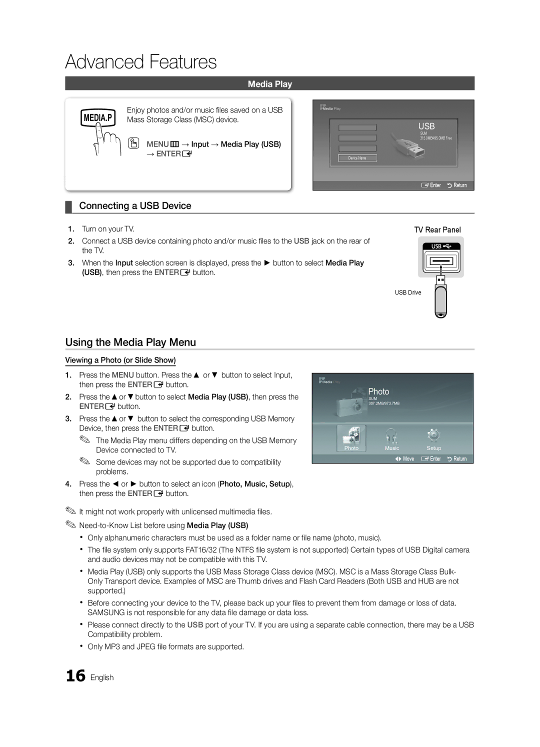 Samsung UN19D4003, UN22D5003 user manual Advanced Features, Using the Media Play Menu, Connecting a UsB Device 