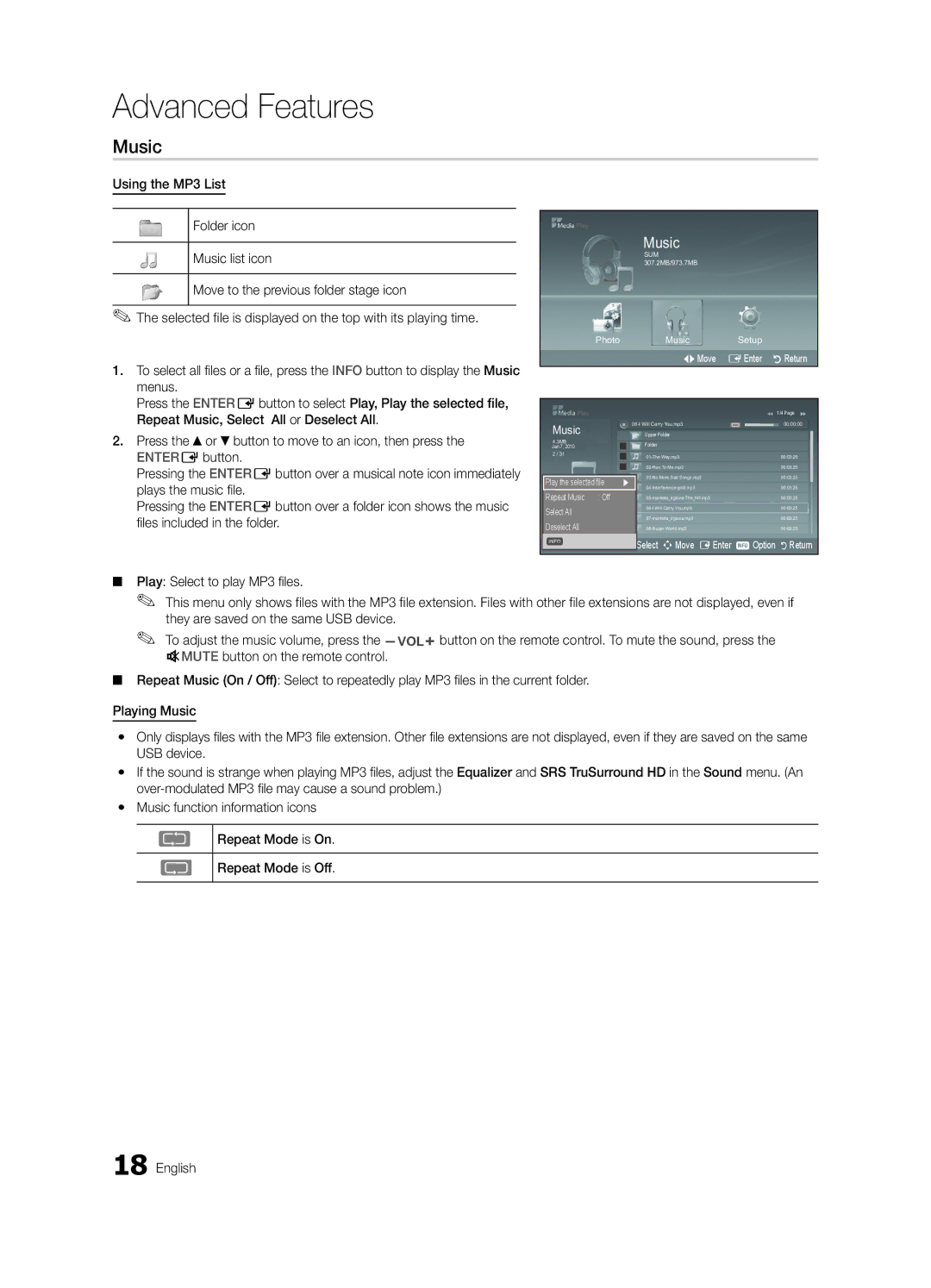 Samsung UN19D4003, UN22D5003 user manual Music, Using the MP3 List 