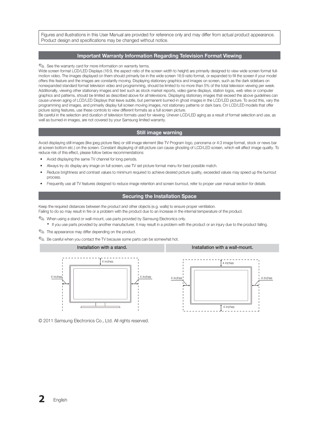 Samsung UN19D4003, UN22D5003 Still image warning, Securing the Installation Space, Installation with a stand, English 