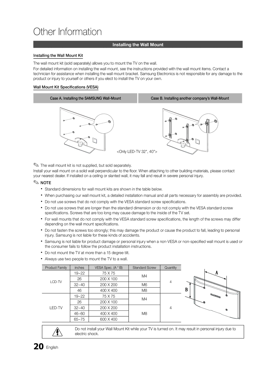 Samsung UN19D4003, UN22D5003 user manual Other Information, Installing the Wall Mount 