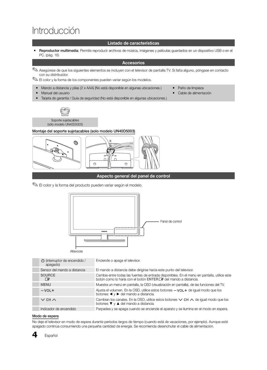 Samsung UN22D5003, UN19D4003 Introducción, Listado de características, Accesorios, Aspecto general del panel de control 