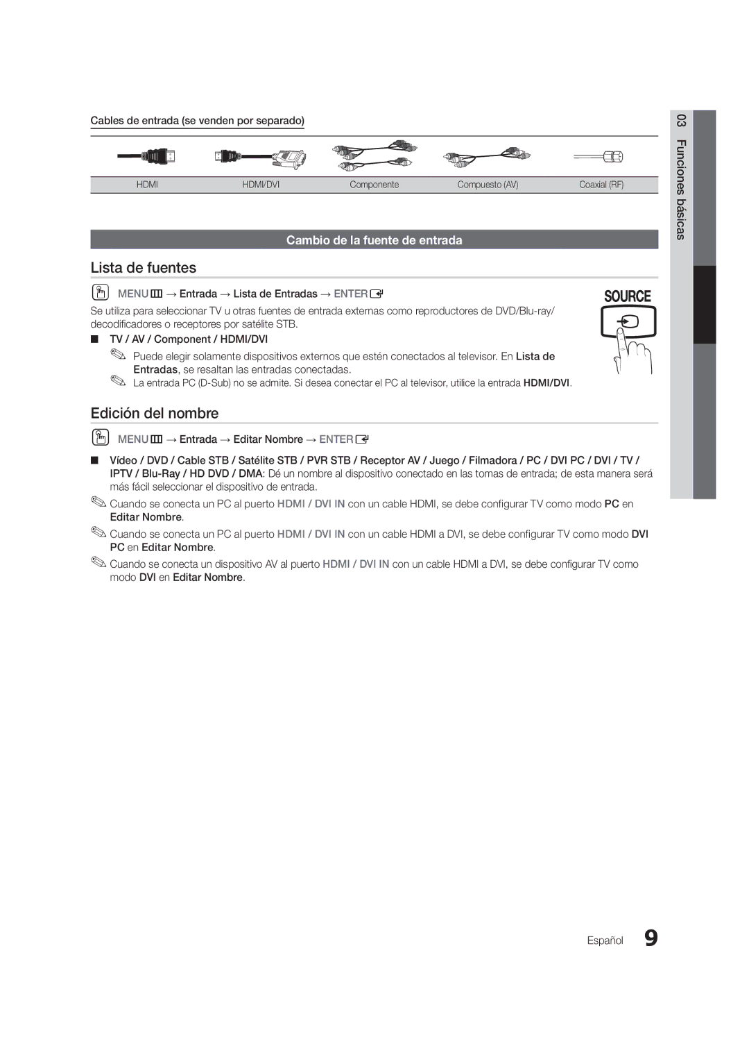 Samsung UN19D4003, UN22D5003 user manual Lista de fuentes, Edición del nombre, Cambio de la fuente de entrada 