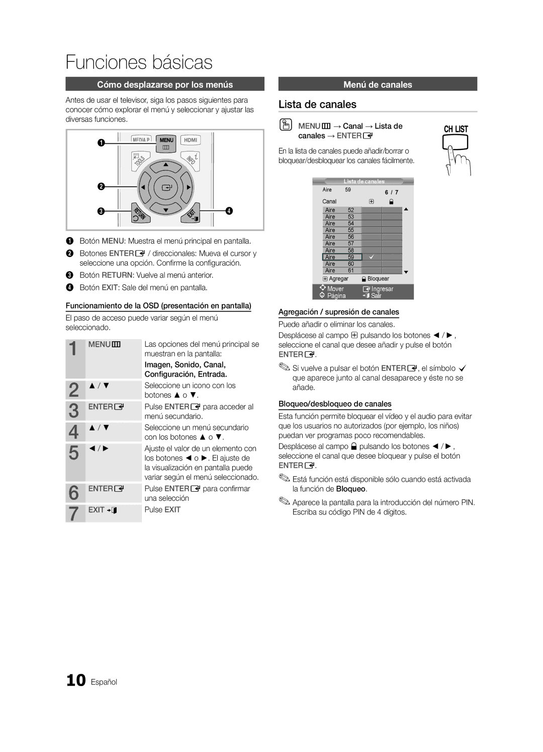 Samsung UN22D5003, UN19D4003 Funciones básicas, Lista de canales, Cómo desplazarse por los menús, Menú de canales 