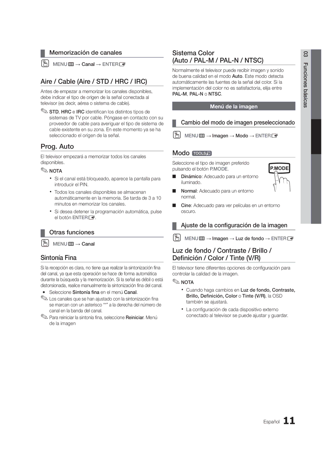 Samsung UN19D4003, UN22D5003 user manual Aire / Cable Aire / STD / HRC / IRC, Prog. Auto, Sintonía Fina, Modo t 