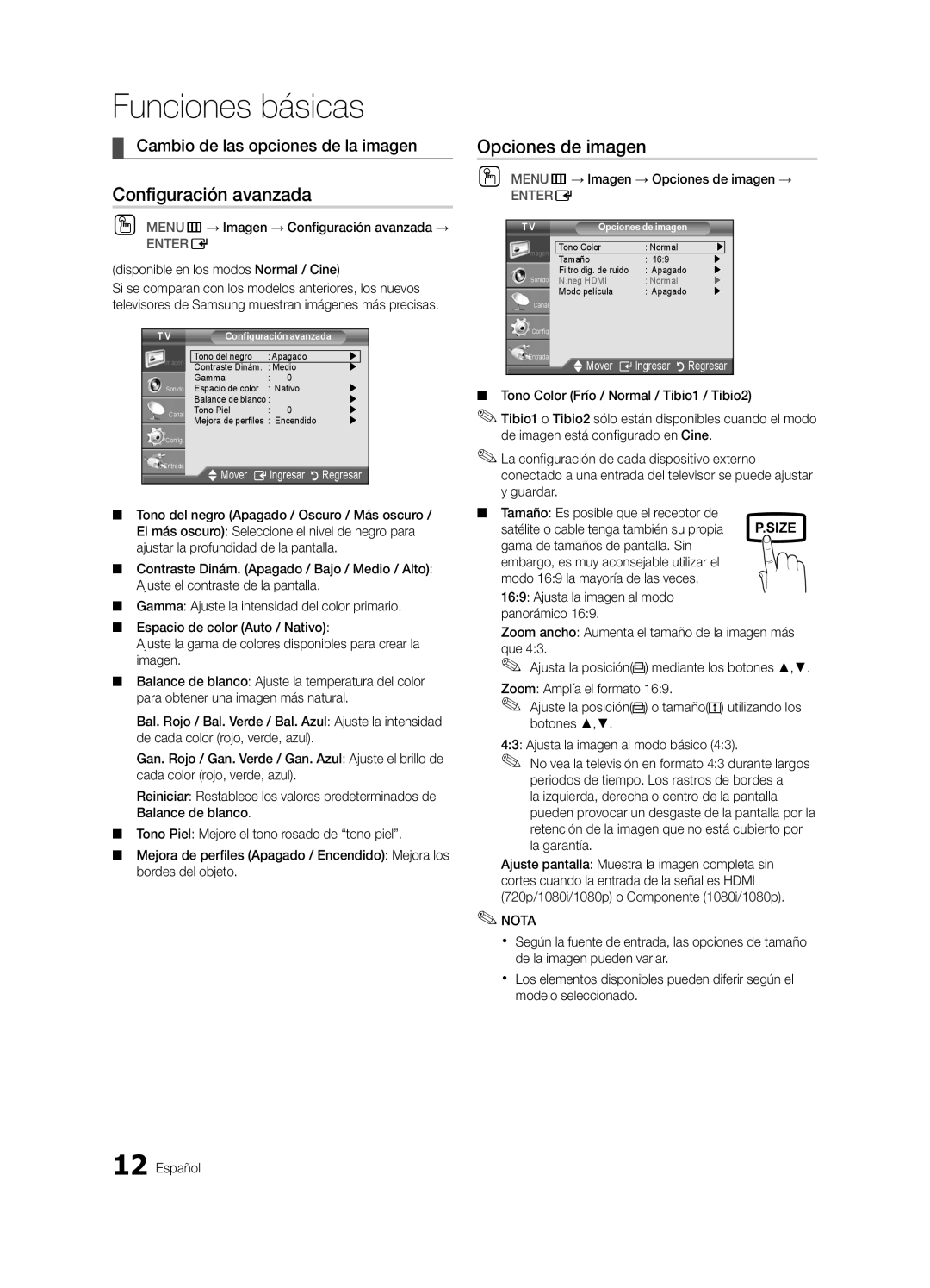 Samsung UN22D5003, UN19D4003 user manual Configuración avanzada, Opciones de imagen, Cambio de las opciones de la imagen 