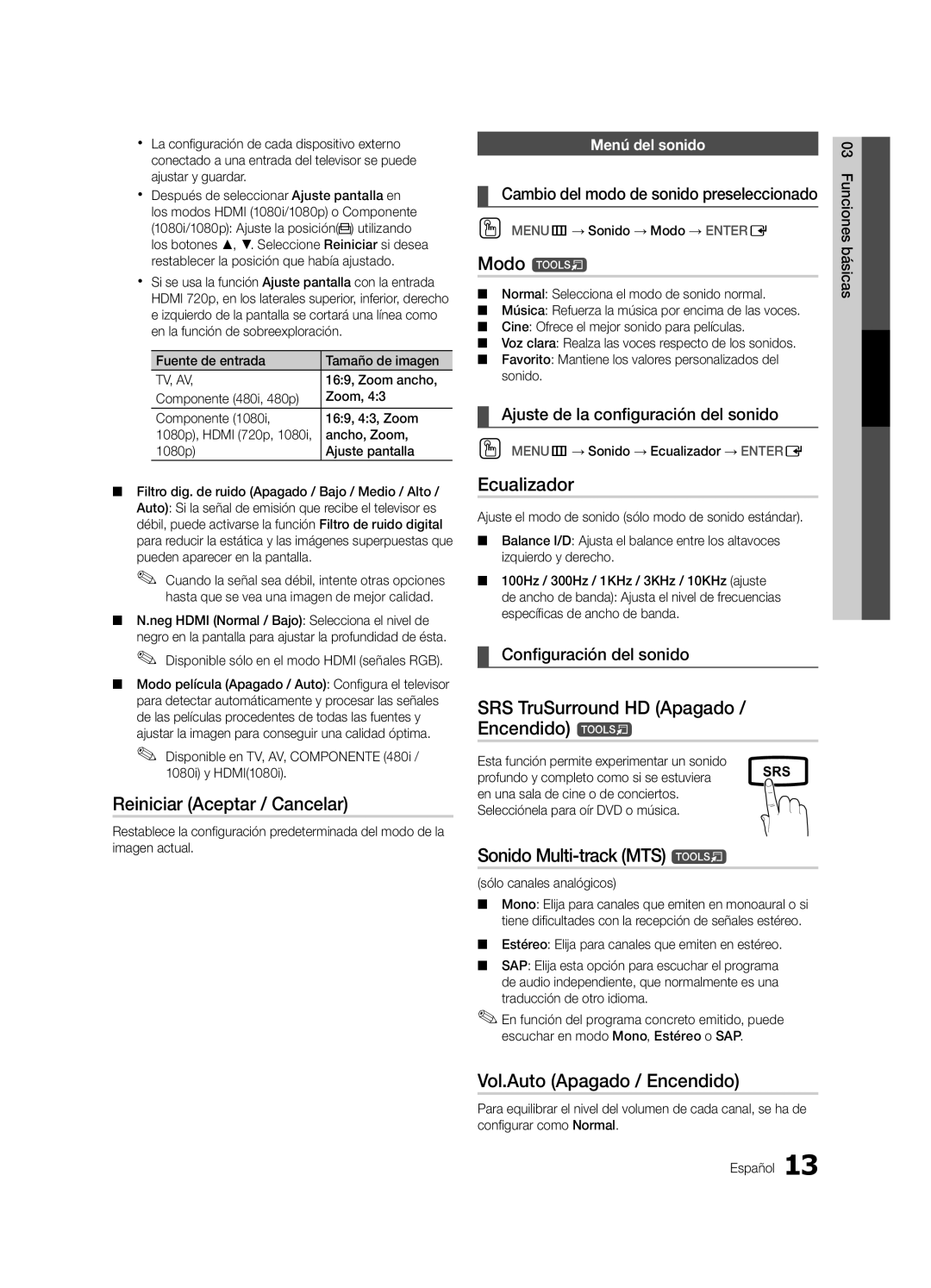 Samsung UN19D4003, UN22D5003 user manual Reiniciar Aceptar / Cancelar, Ecualizador, SRS TruSurround HD Apagado / Encendido t 