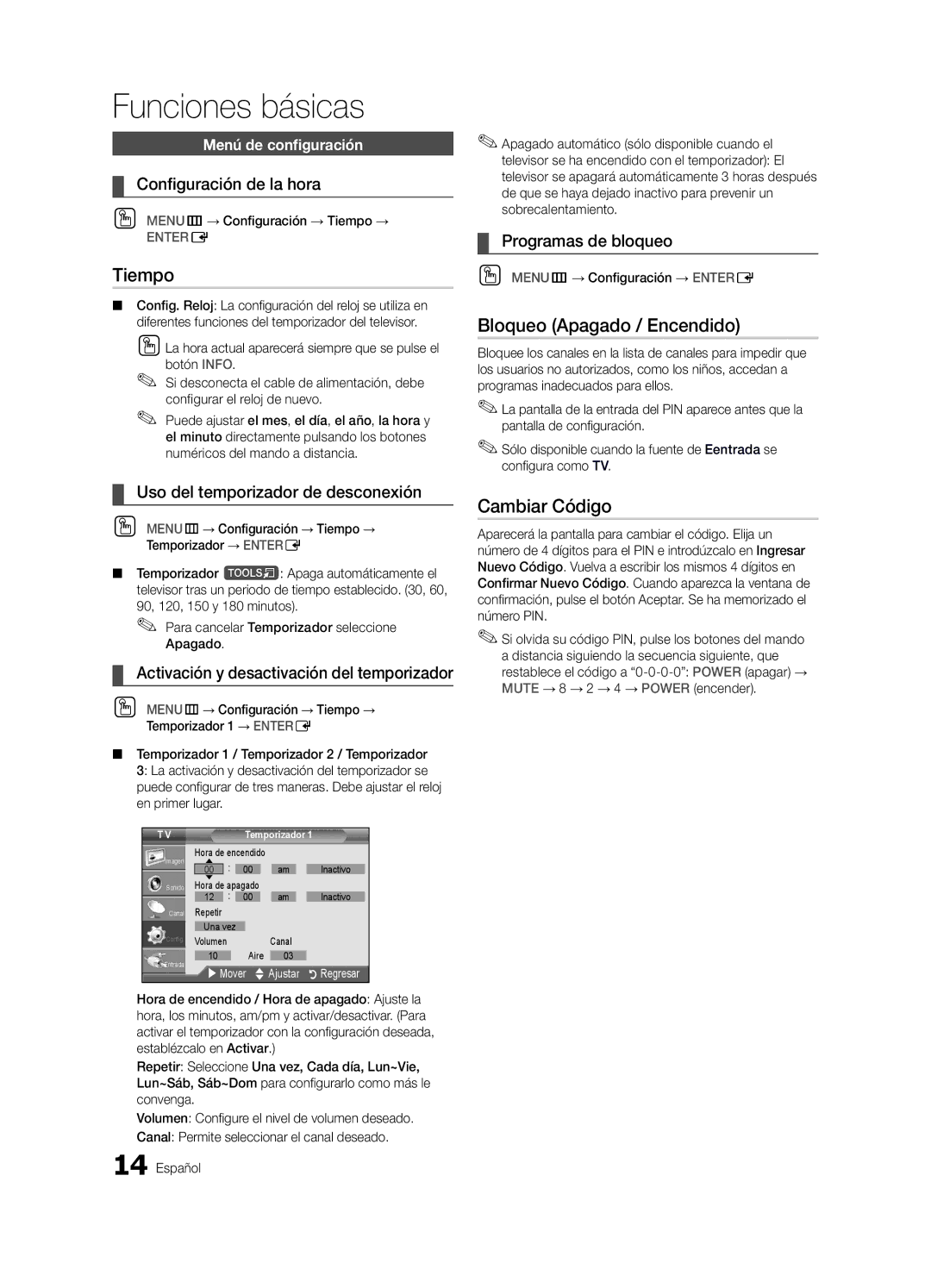 Samsung UN22D5003, UN19D4003 user manual Tiempo, Bloqueo Apagado / Encendido, Cambiar Código 