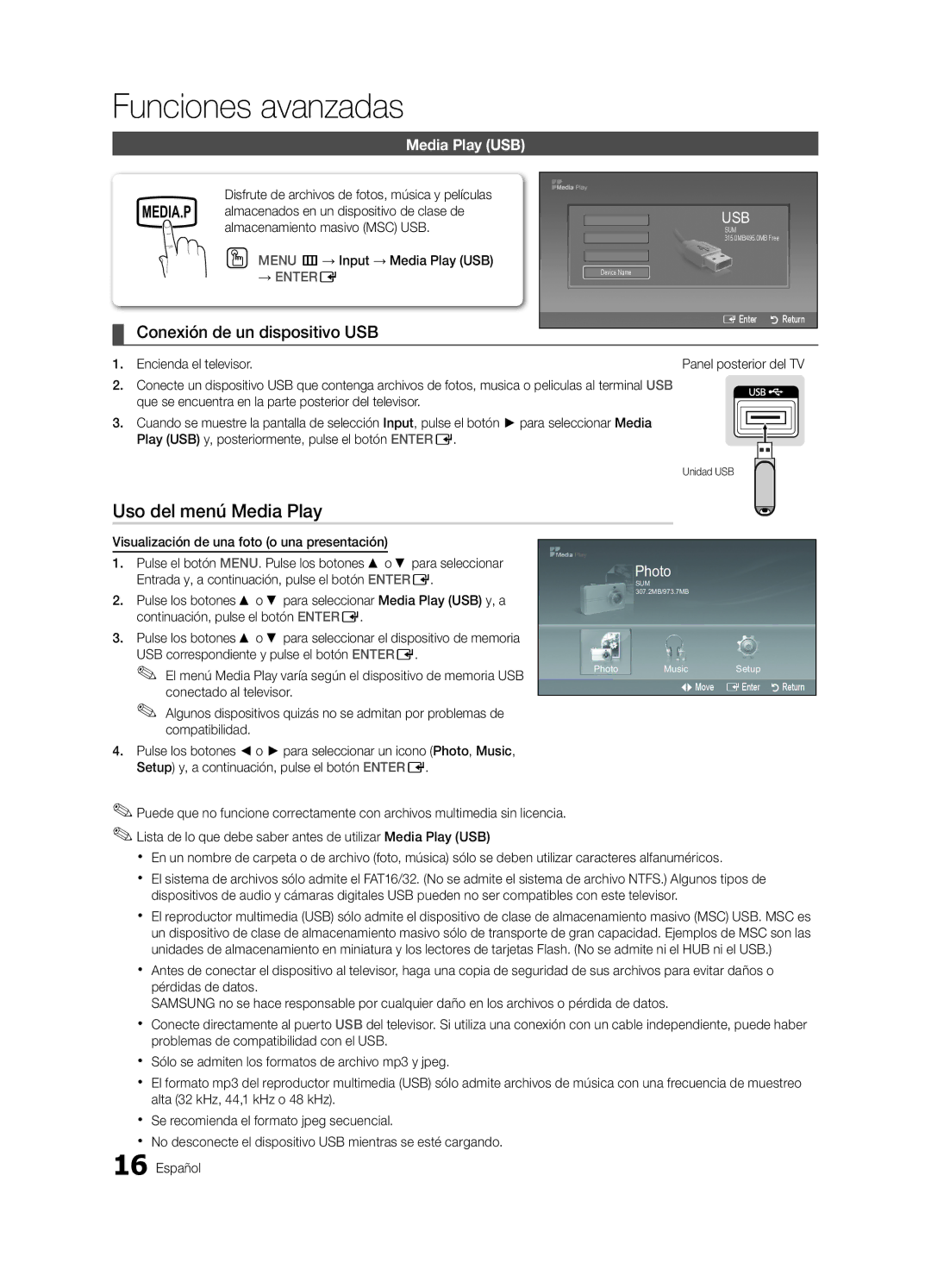Samsung UN22D5003, UN19D4003 Funciones avanzadas, Uso del menú Media Play, Conexión de un dispositivo UsB, Media Play USB 