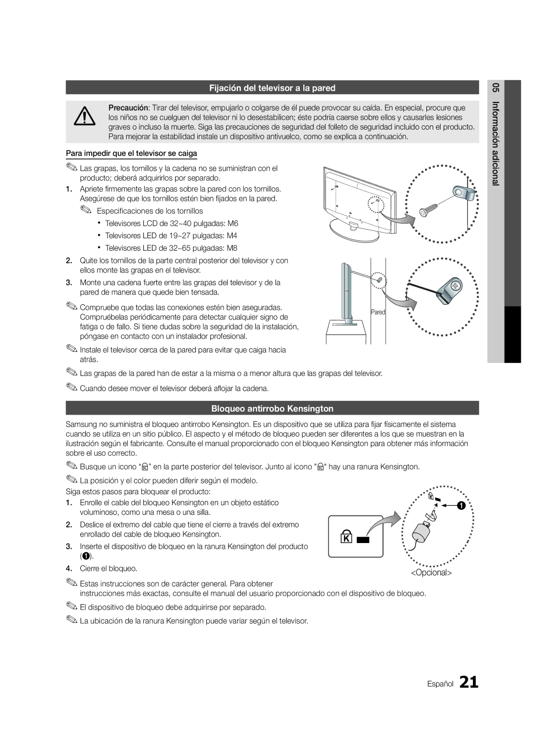 Samsung UN19D4003, UN22D5003 user manual Fijación del televisor a la pared, Bloqueo antirrobo Kensington 