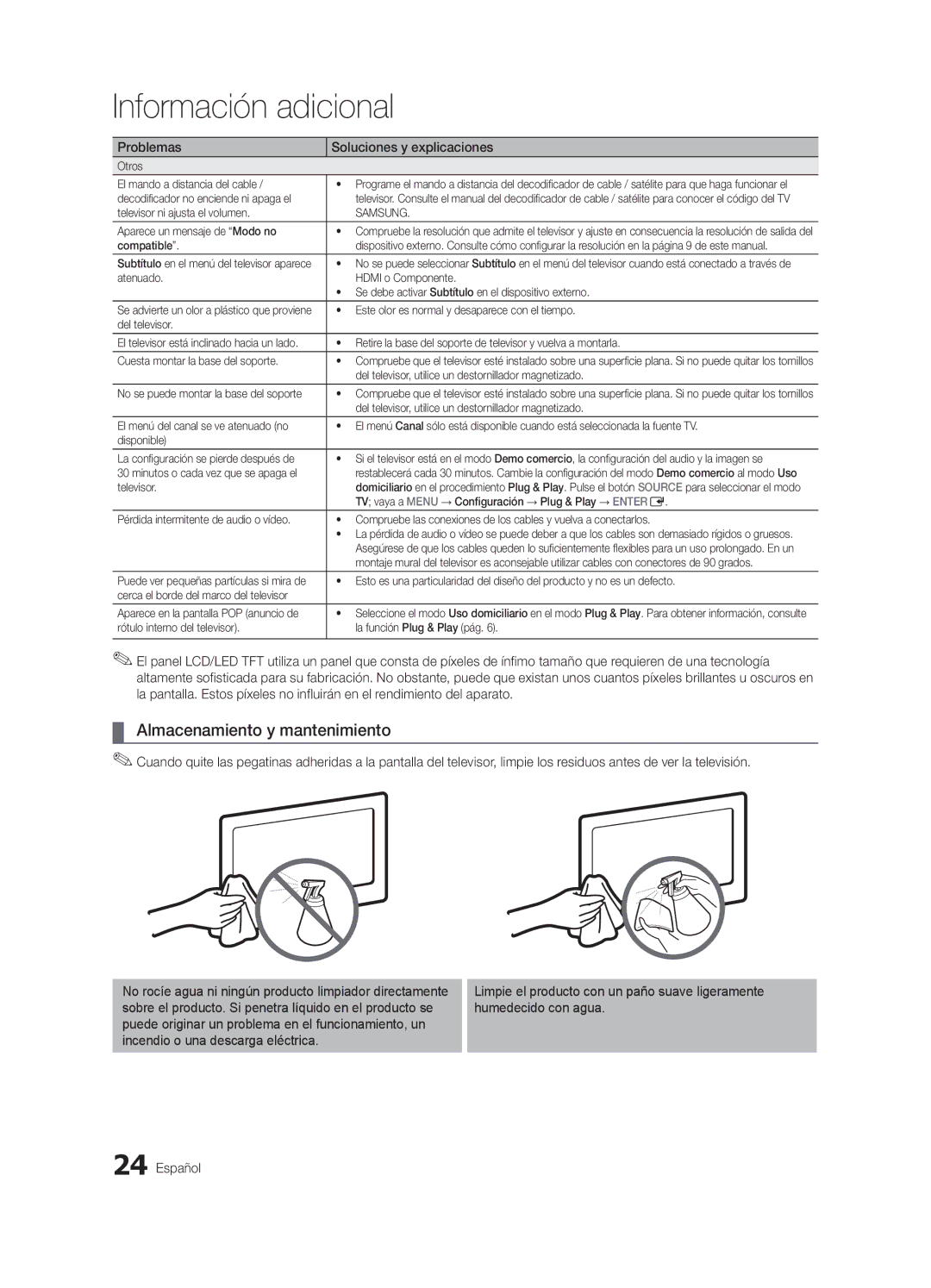 Samsung UN22D5003, UN19D4003 user manual Almacenamiento y mantenimiento, Otros El mando a distancia del cable 