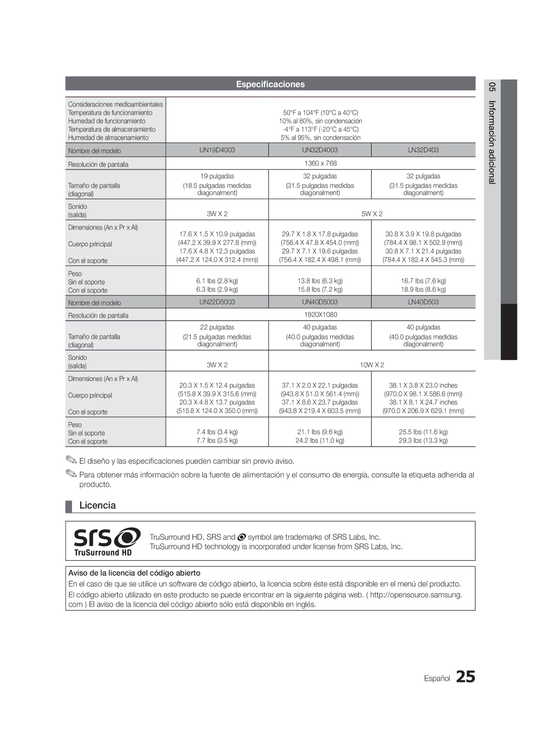 Samsung UN19D4003, UN22D5003 user manual Licencia, Especificaciones 