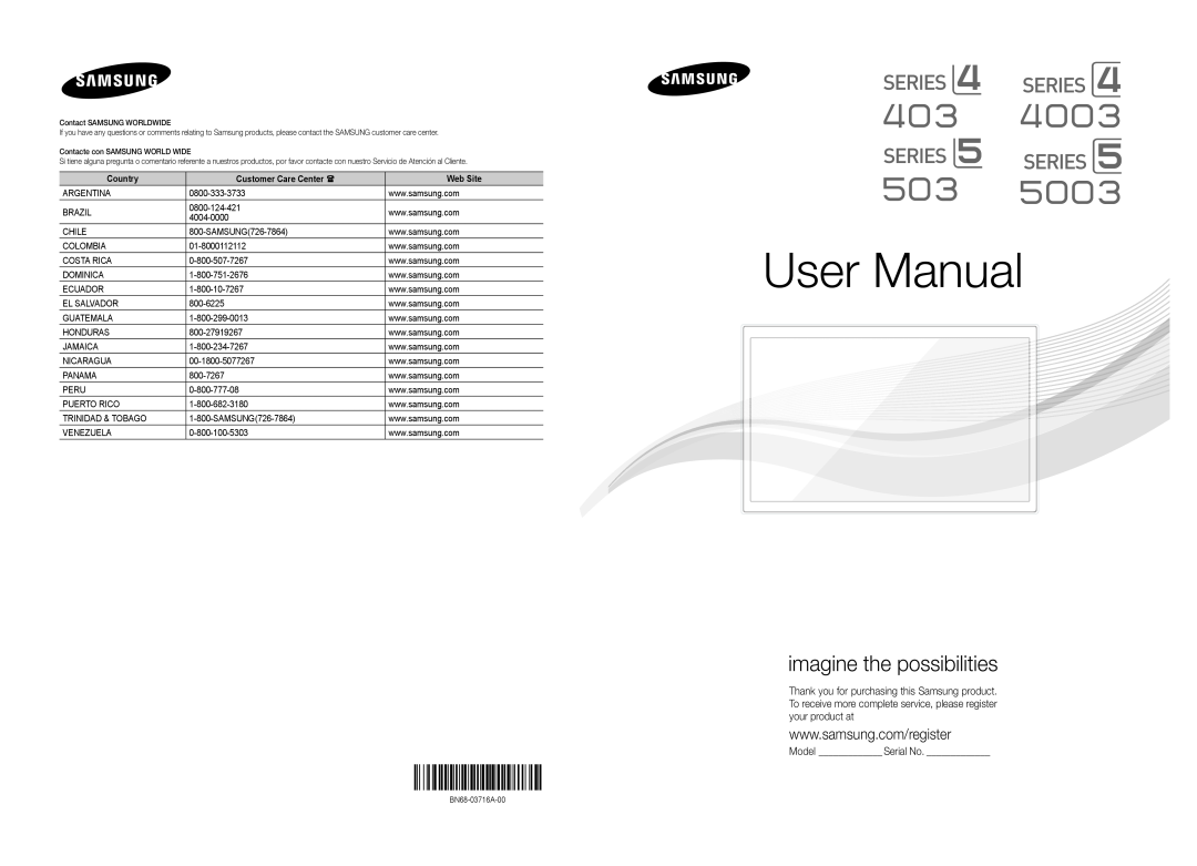 Samsung UN22D5003, UN19D4003 user manual Model Serial No, Country, Customer Care Center , Web Site, User Manual 