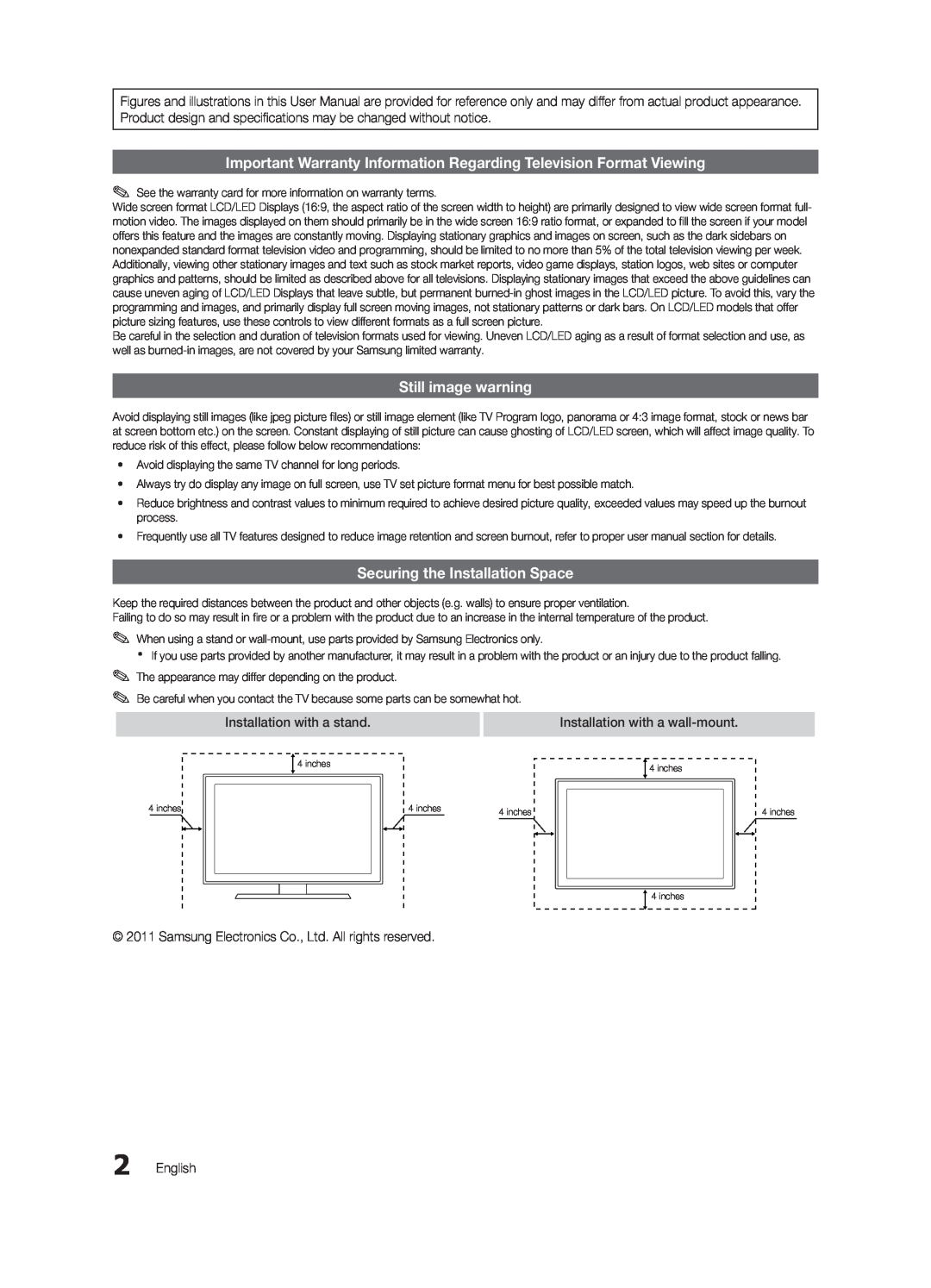 Samsung UN19D4003 Important Warranty Information Regarding Television Format Viewing, Still image warning, English 
