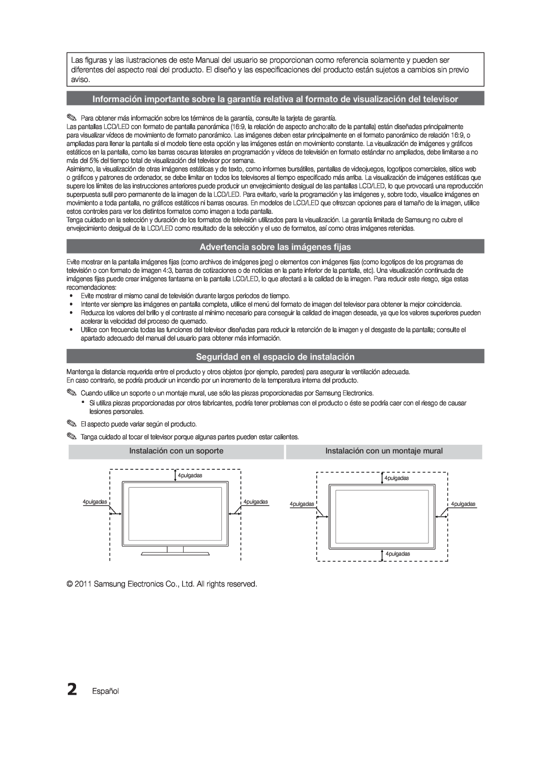Samsung UN22D5003 Advertencia sobre las imágenes fijas, Seguridad en el espacio de instalación, Instalación con un soporte 
