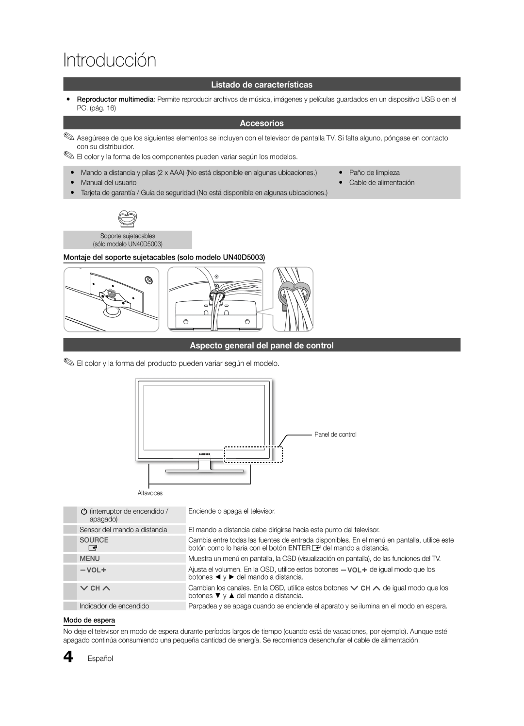 Samsung UN22D5003 Introducción, Listado de características, Accesorios, Aspecto general del panel de control, sOURCE, MEnU 