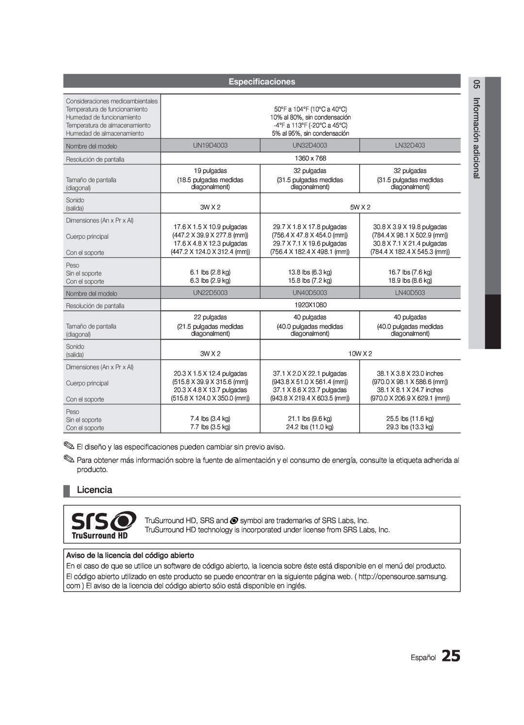 Samsung UN19D4003, UN22D5003 user manual Licencia, Especificaciones 
