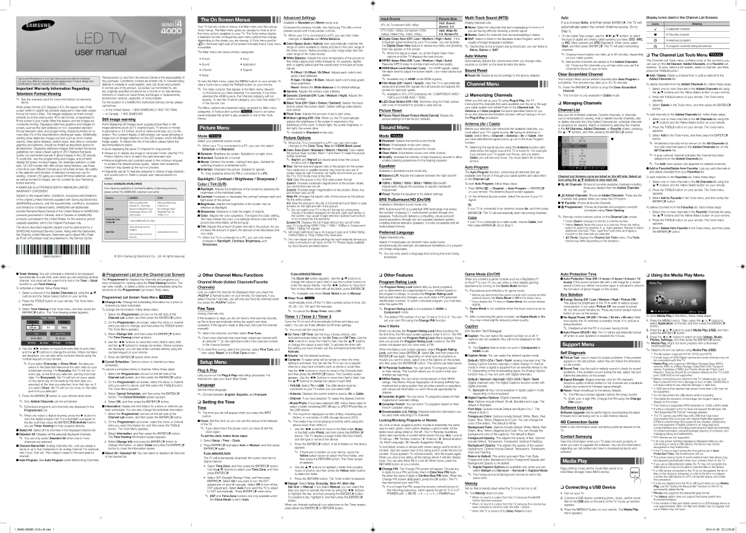 Samsung UN28H4000 user manual Multi-Track Sound MTS, Auto Volume, Sound Reset, Still image warning, Picture Options, Time 