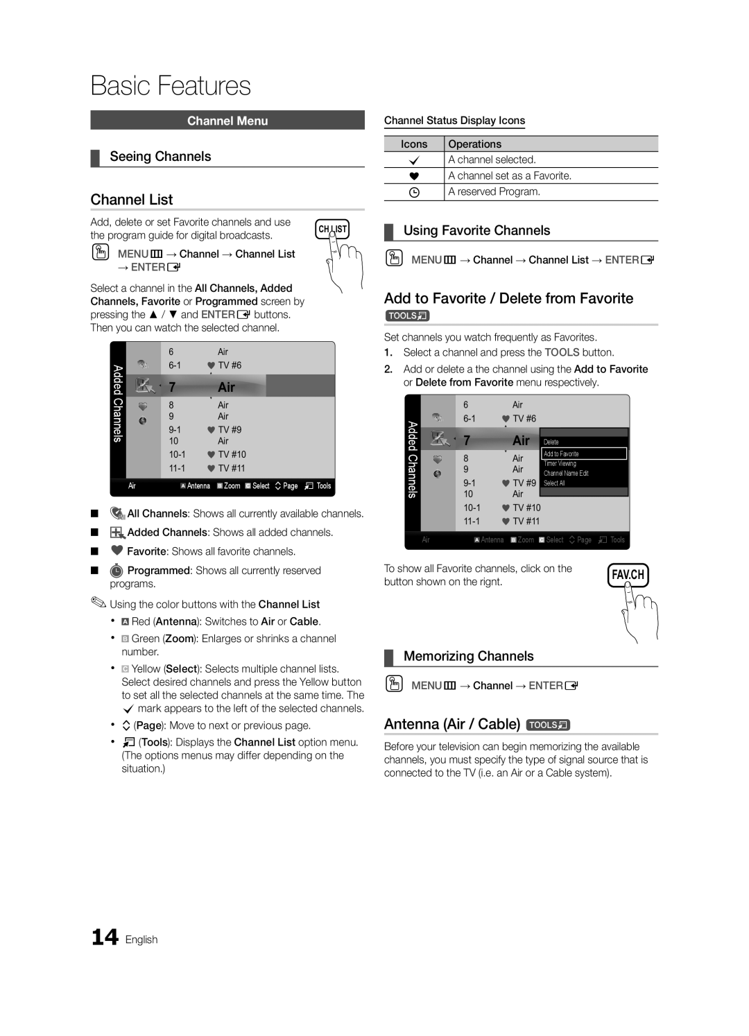 Samsung UN32C4000 user manual Channel List, Add to Favorite / Delete from Favorite, Antenna Air / Cable t 