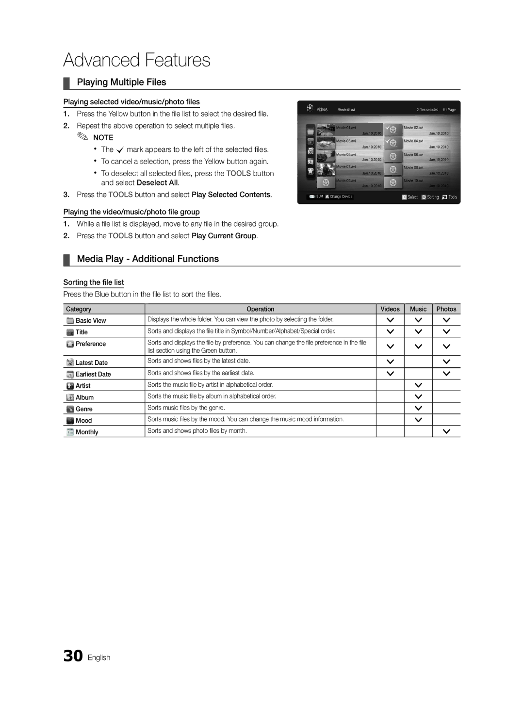 Samsung UN32C4000 user manual Playing Multiple Files, Media Play Additional Functions, List section using the Green button 