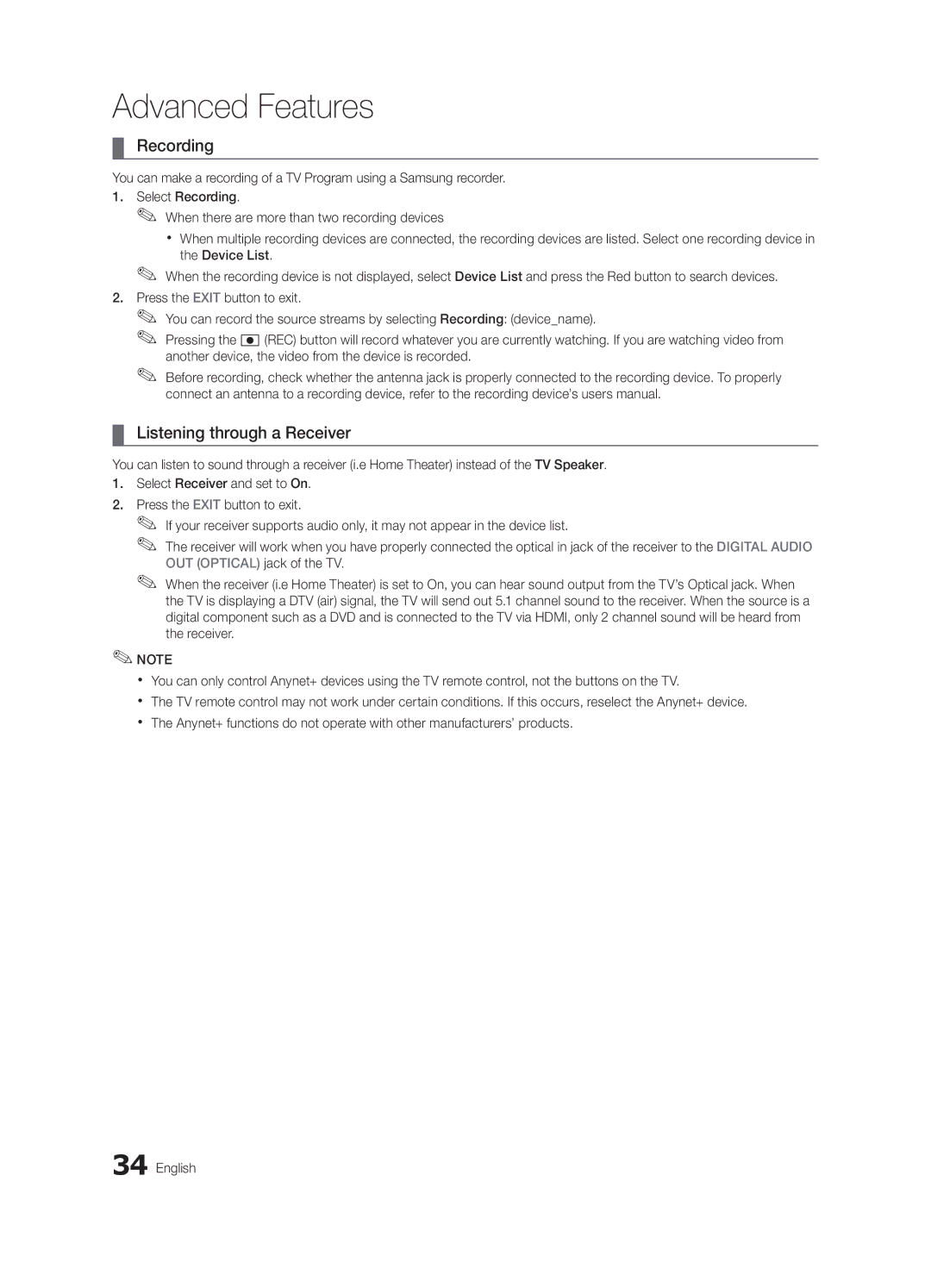 Samsung UN32C4000 user manual Recording, Listening through a Receiver 