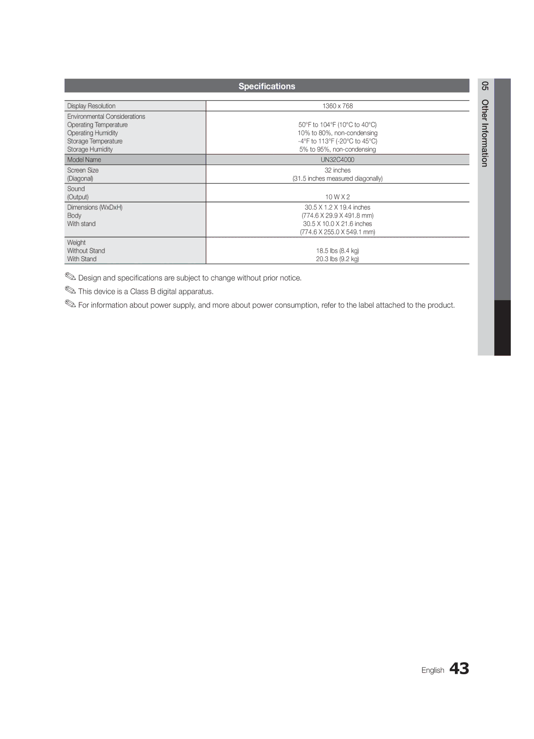 Samsung UN32C4000 user manual Specifications 