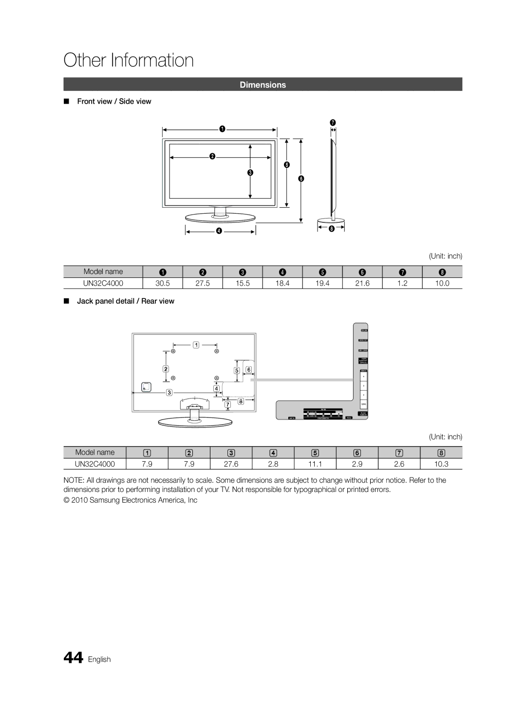 Samsung UN32C4000 user manual Dimensions, Front view / Side view, Unit inch 