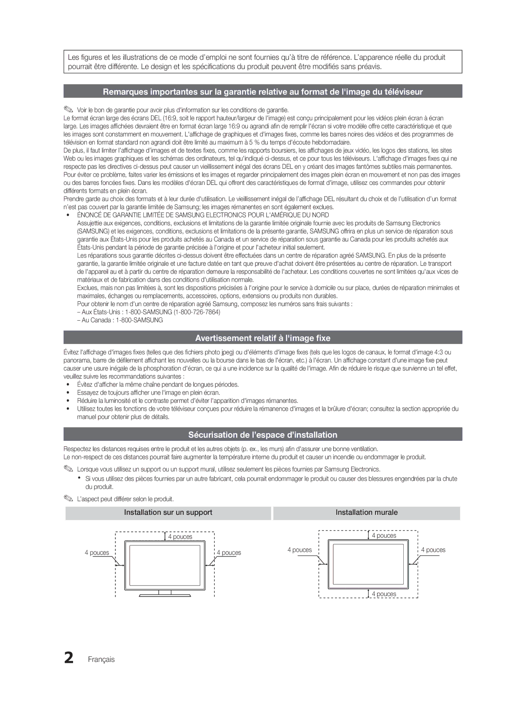 Samsung UN32C4000 Avertissement relatif à limage fixe, Sécurisation de l’espace d’installation, Installation murale 