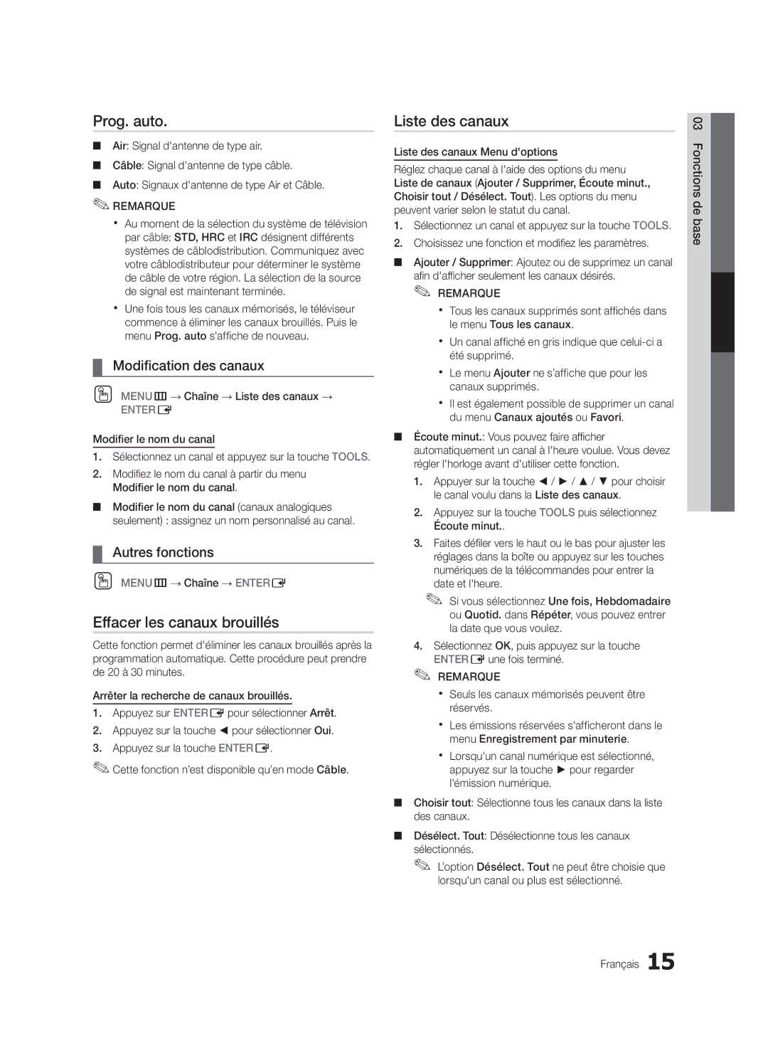 Samsung UN32C4000 user manual Prog. auto, Effacer les canaux brouillés, Modification des canaux, Autres fonctions 